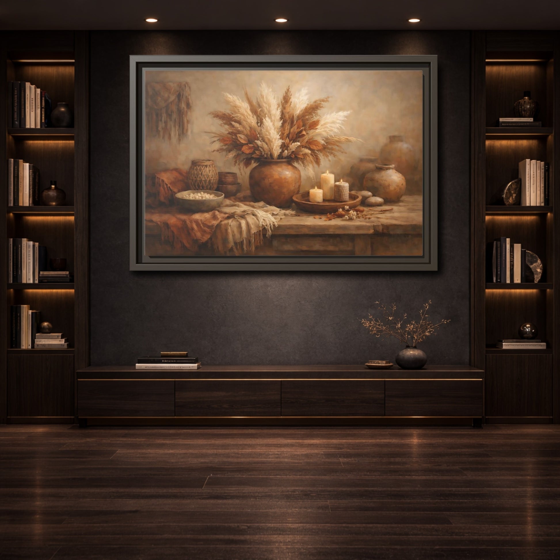 Mockup 3. Nature Pampas Grass Brown Beige Still Life shown as stretched canvas wall art