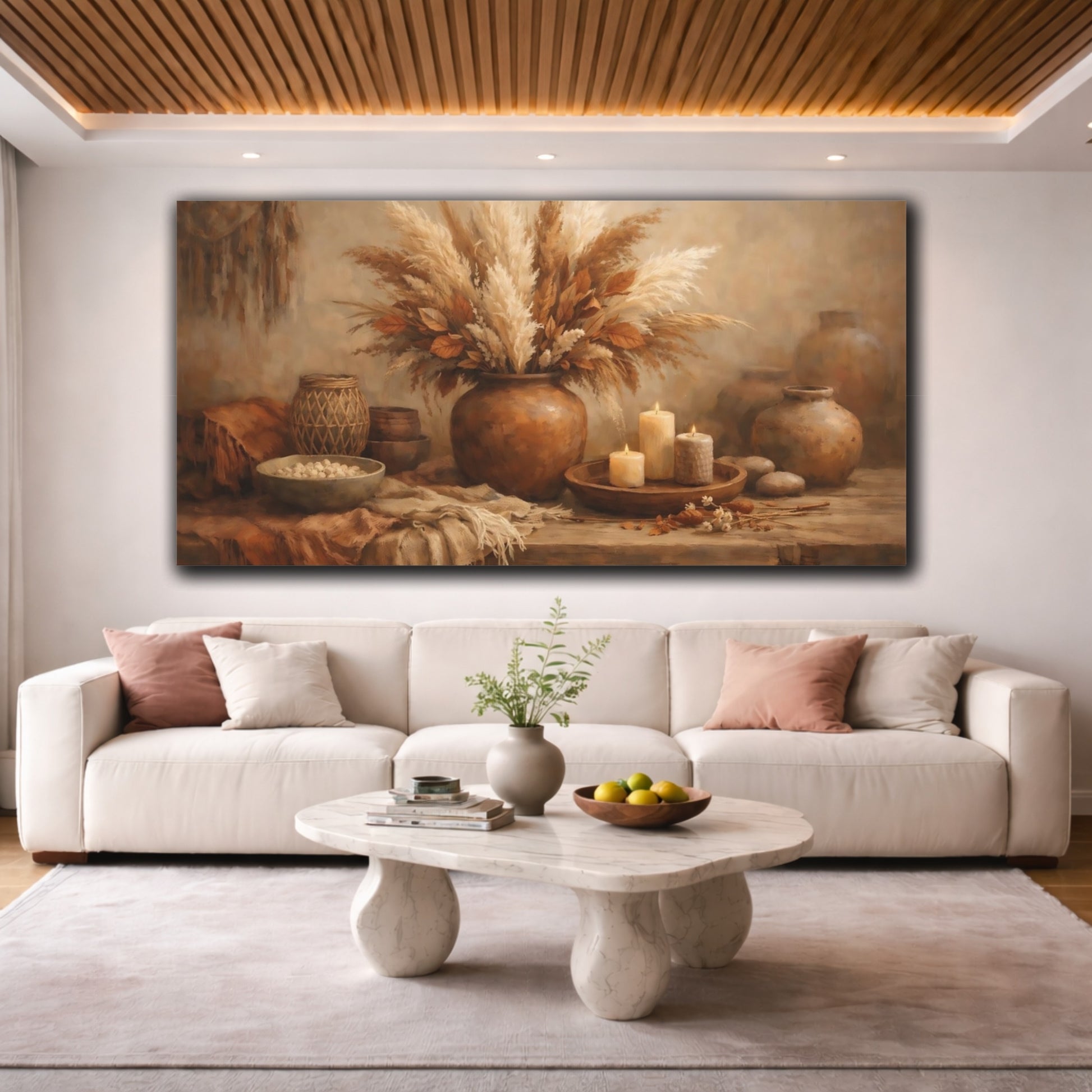 Mockup 3. Nature Pampas Grass Brown Beige Still Life shown as stretched canvas wall art