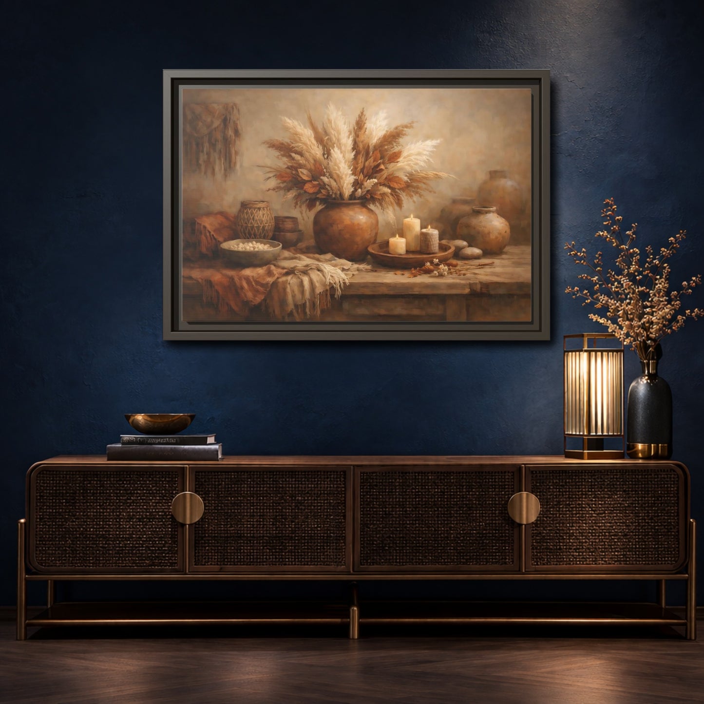 Mockup 4. Nature Pampas Grass Brown Beige Still Life shown as stretched canvas wall art