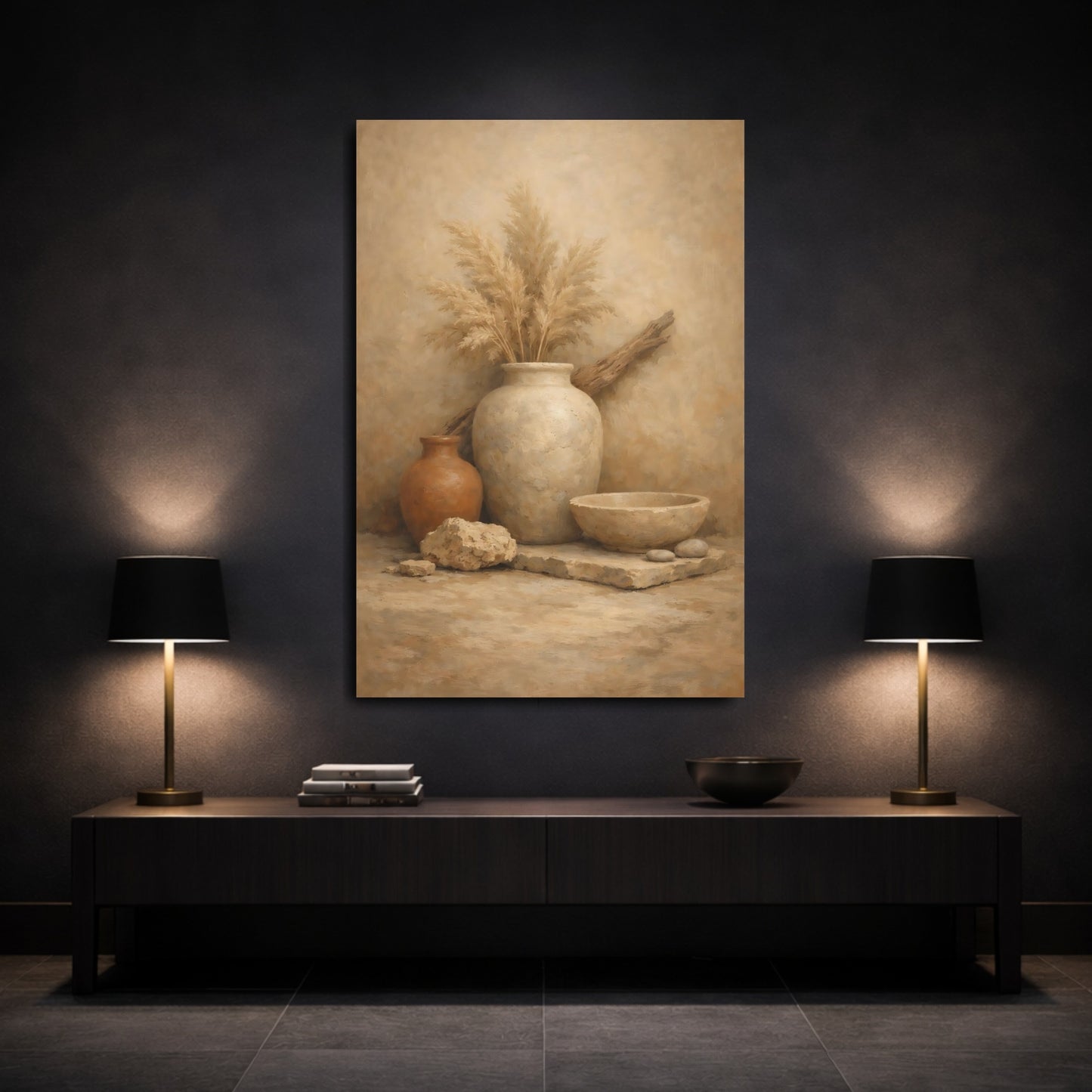Mockup 2. Nature Pampas Grass Earthy Still Life shown as stretched canvas wall art