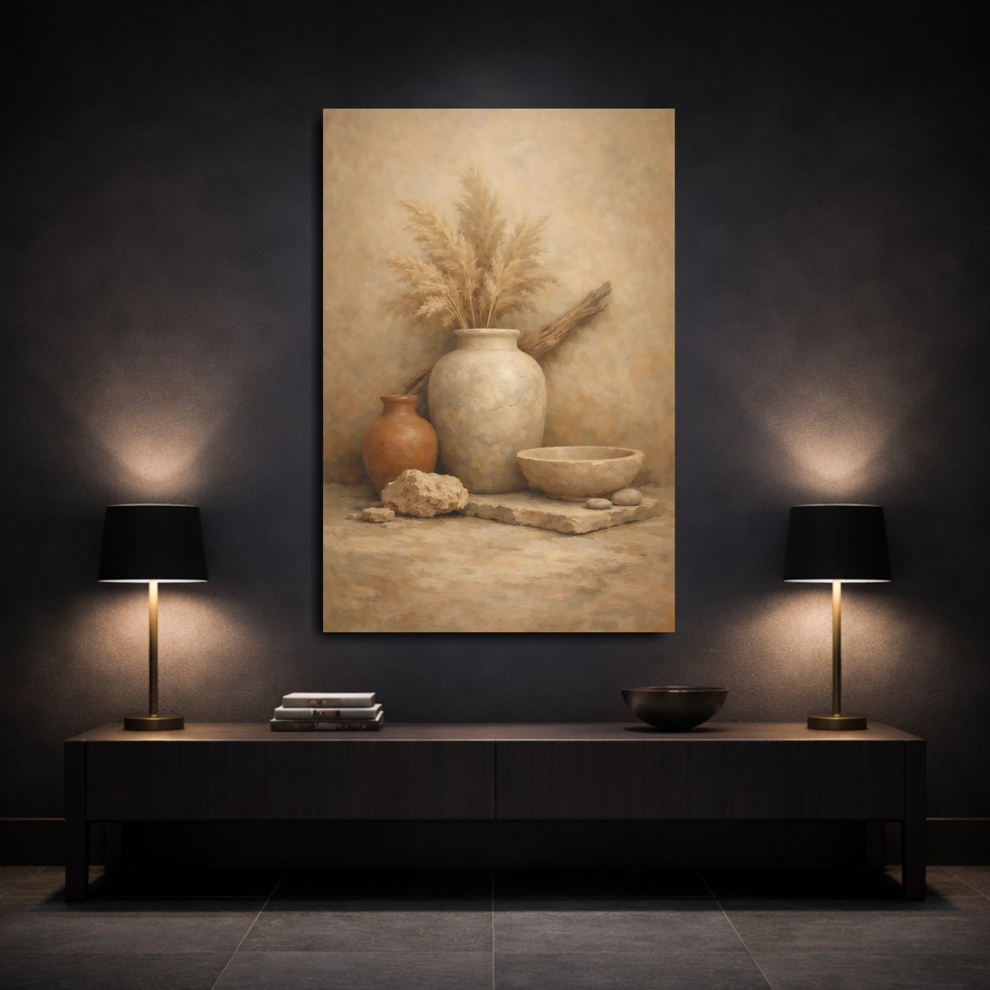 Mockup 2. Nature Pampas Grass Earthy Still Life shown as stretched canvas wall art