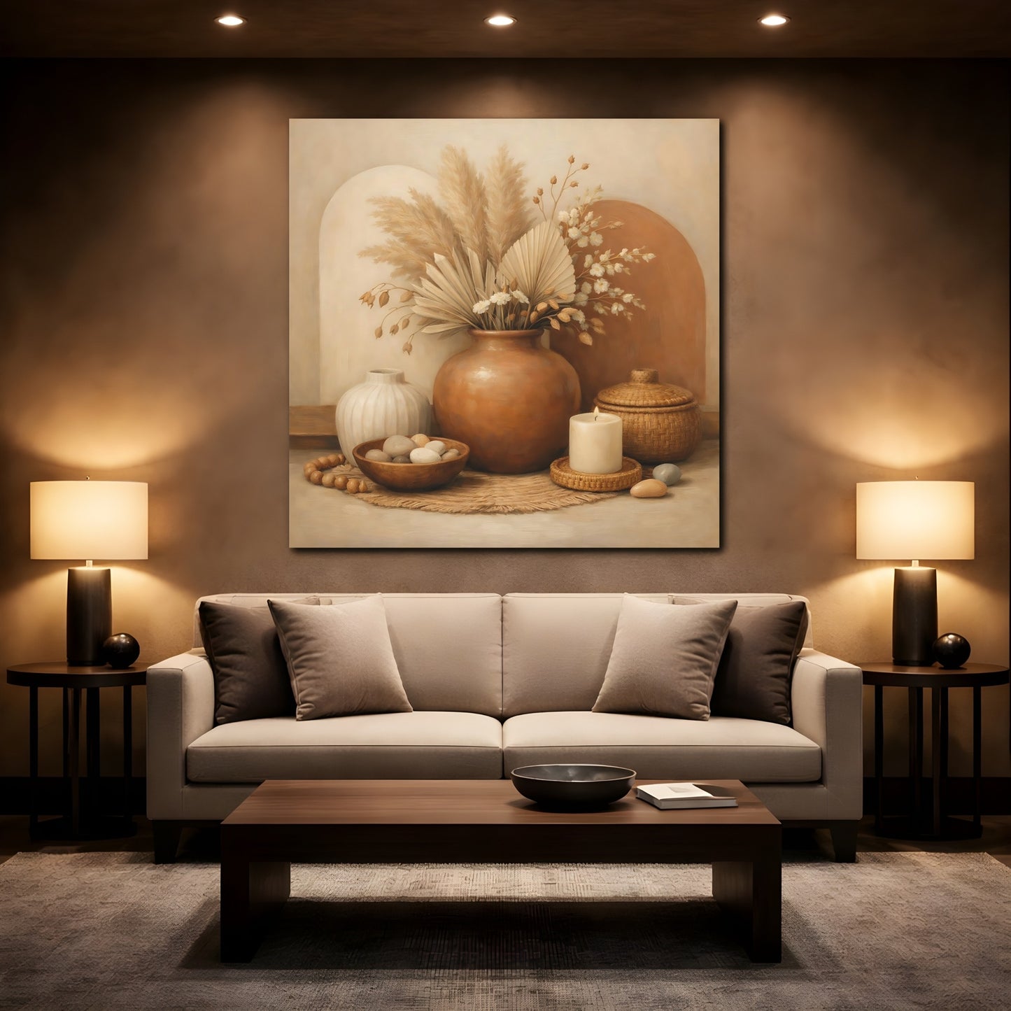 Mockup 2. Nature Pampas Grass Earthy Tone Still Life shown as stretched canvas wall art