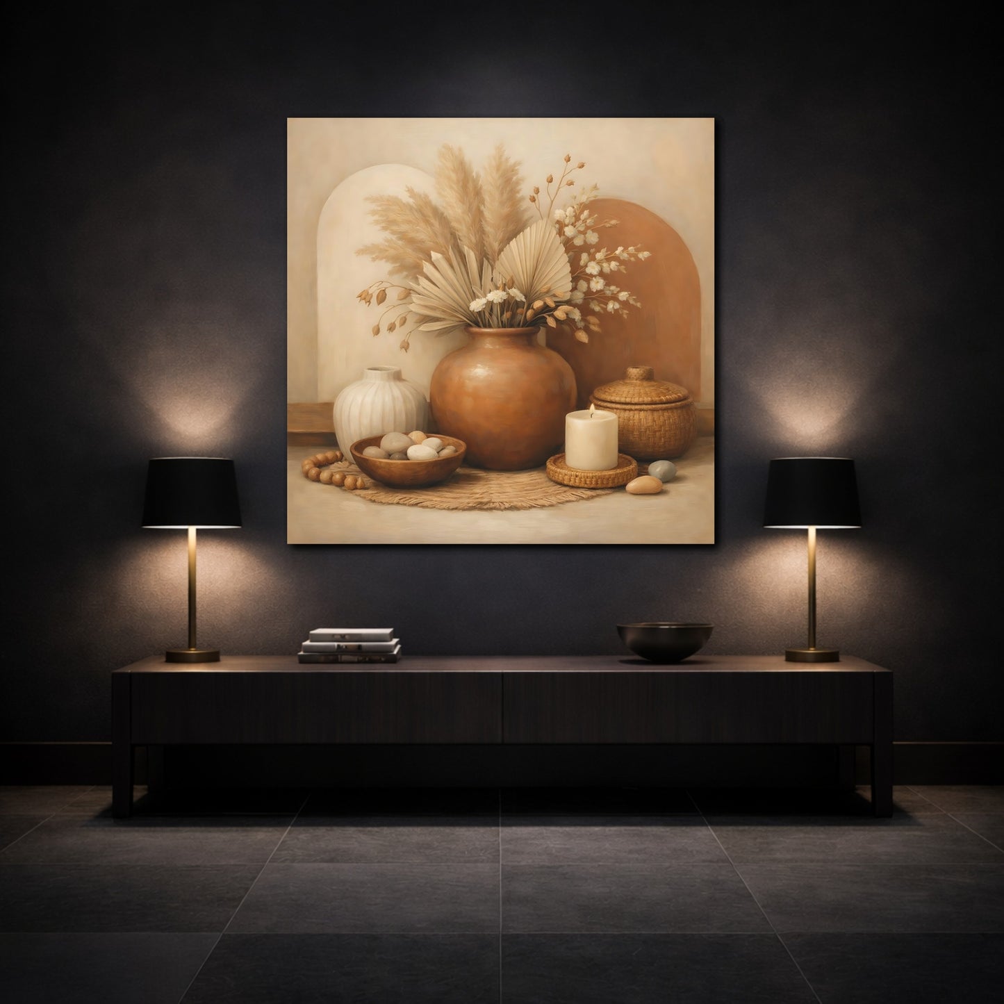 Mockup 3. Nature Pampas Grass Earthy Tone Still Life shown as stretched canvas wall art
