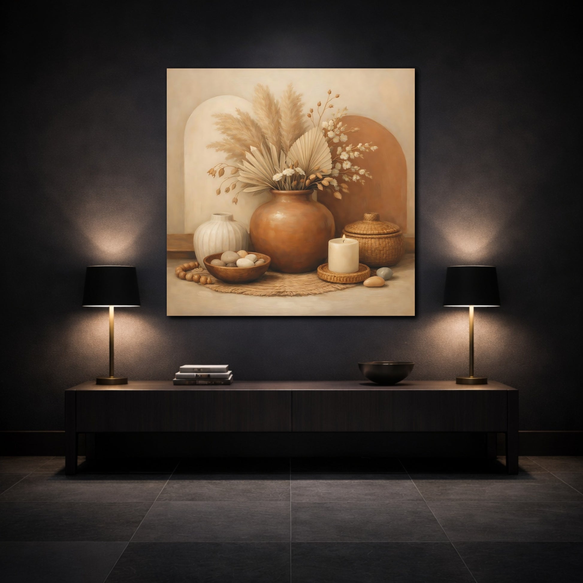 Mockup 3. Nature Pampas Grass Earthy Tone Still Life shown as stretched canvas wall art