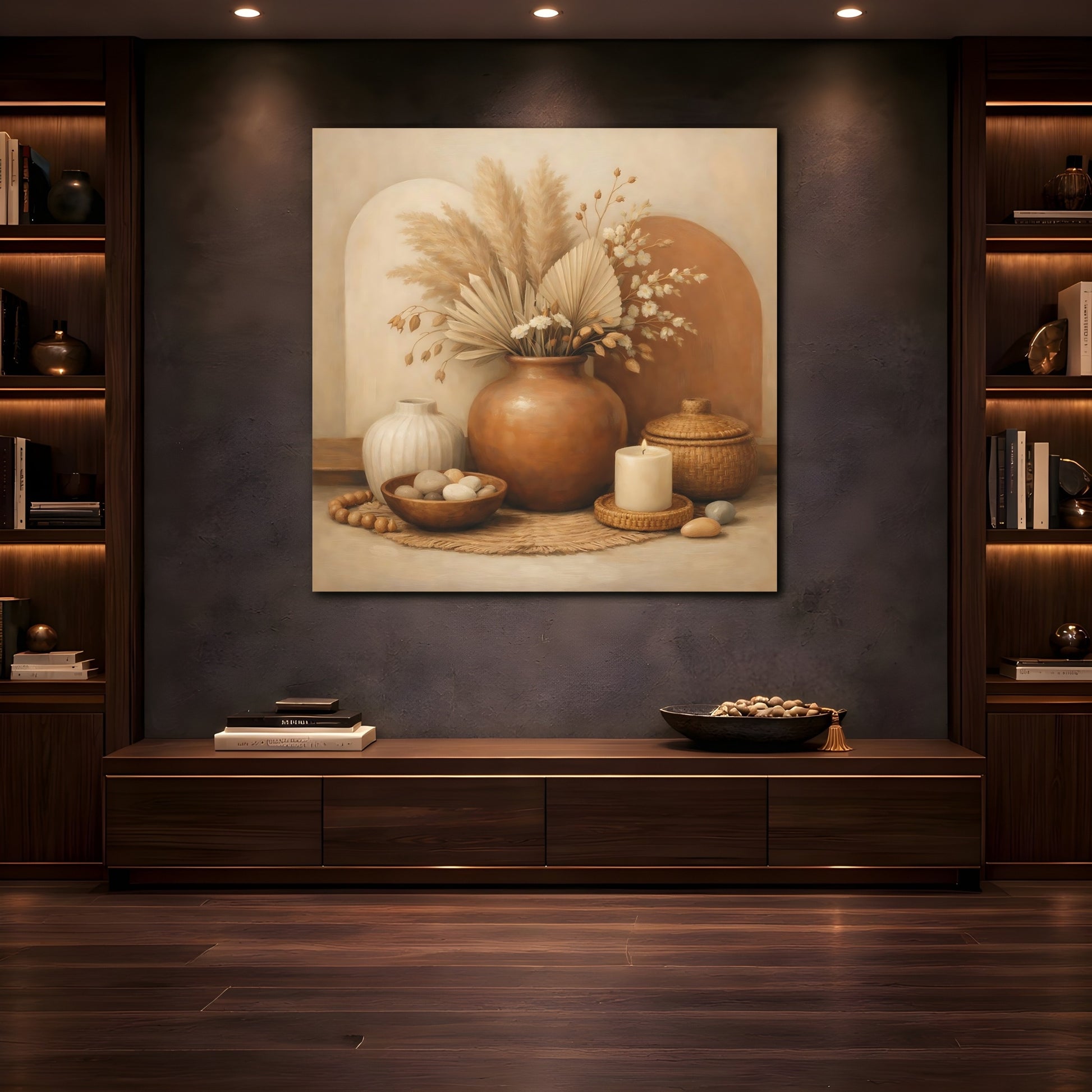 Mockup 4. Nature Pampas Grass Earthy Tone Still Life shown as stretched canvas wall art