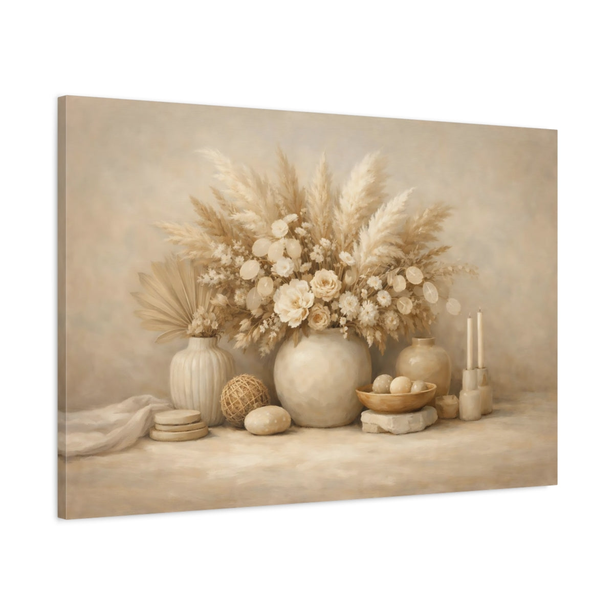 Side Mockup 1. Nature Pampas Grass Neutral Boho Decor shown as stretched canvas wall art