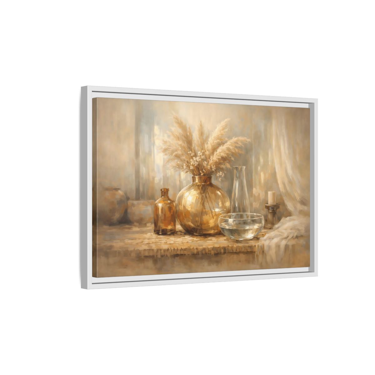 Side Mockup 1. Nature Pampas Grass Neutral Tones shown as stretched canvas wall art