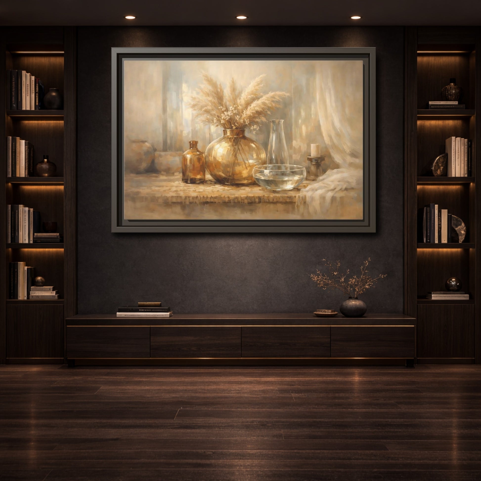 Mockup 3. Nature Pampas Grass Neutral Tones shown as stretched canvas wall art