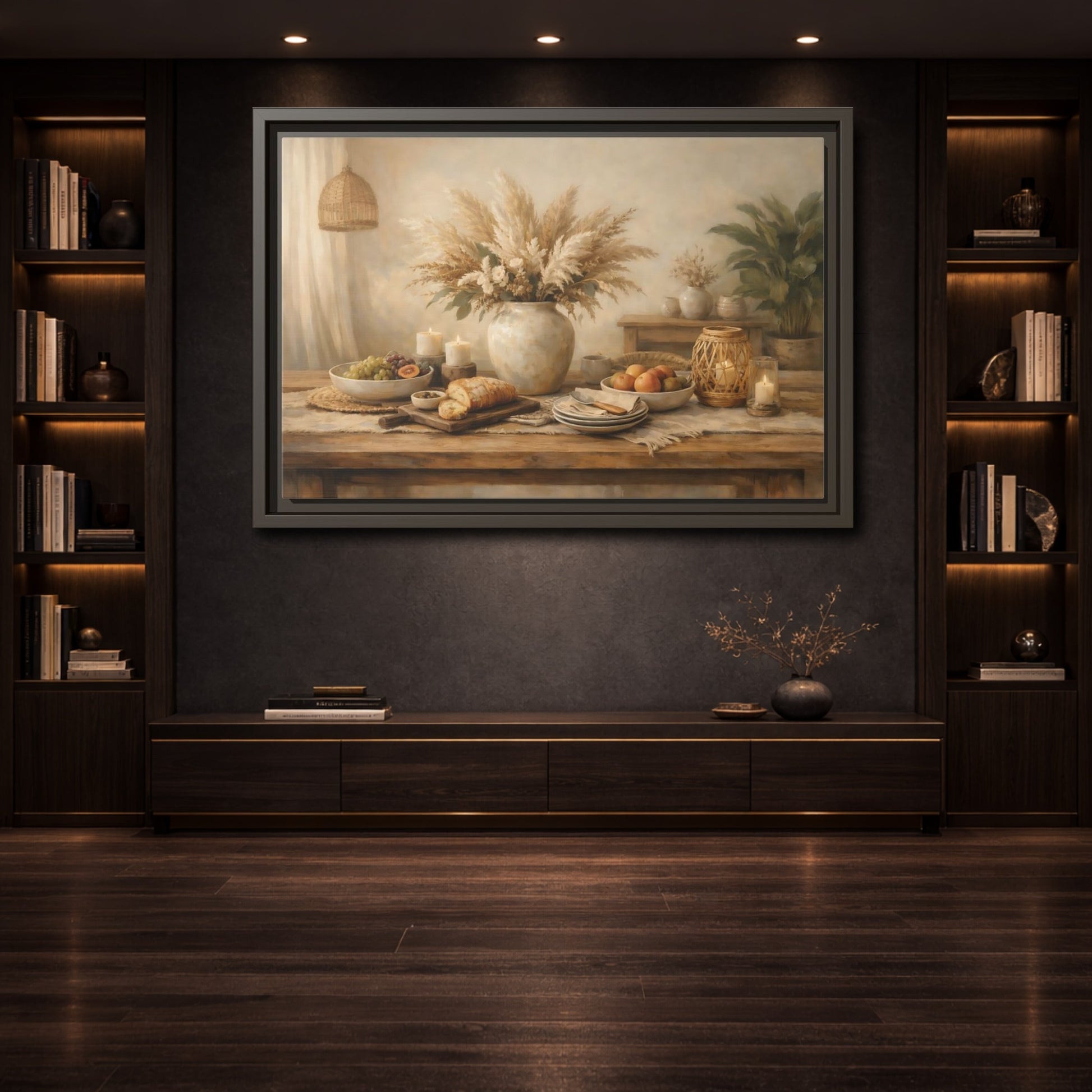 Mockup 3. Nature Pampas Grass Warm Neutrals shown as stretched canvas wall art