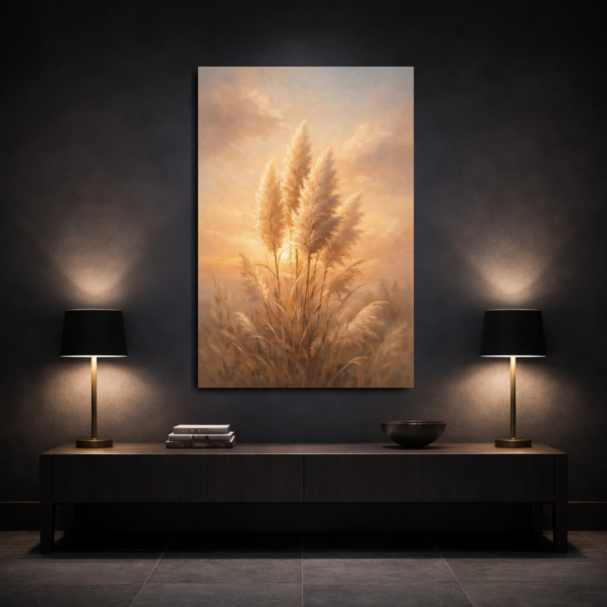 Mockup 2. Nature Pampas Grass Warm Pampas Grass shown as stretched canvas wall art