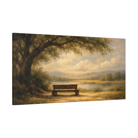 Main Mockup. Nature Park Bench Earthy Landscape shown as stretched canvas wall art