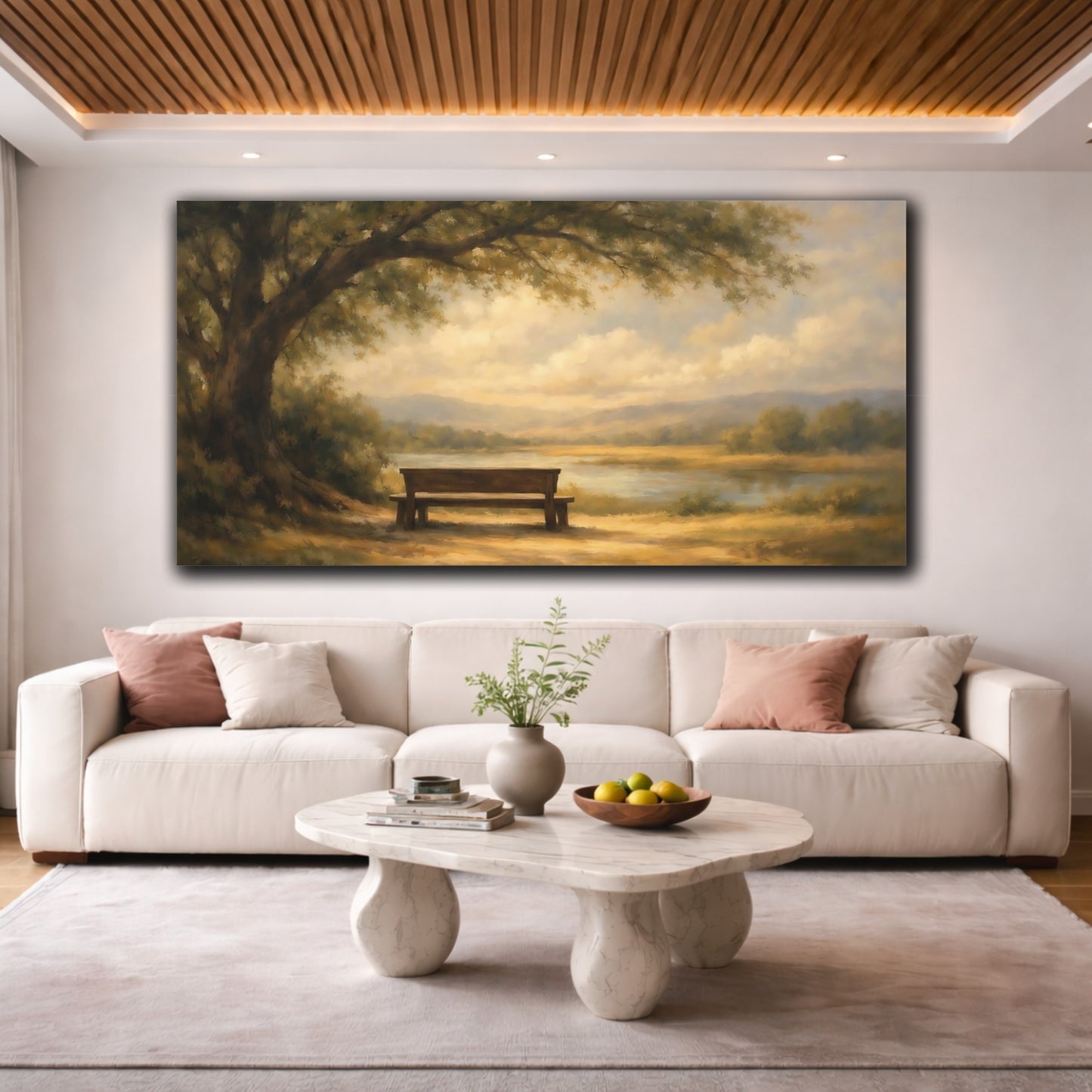 Mockup 3. Nature Park Bench Earthy Landscape shown as stretched canvas wall art