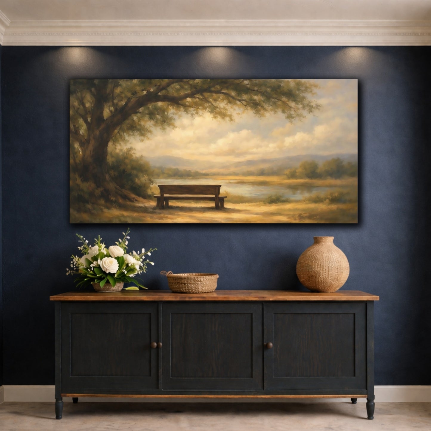 Mockup 4. Nature Park Bench Earthy Landscape shown as stretched canvas wall art