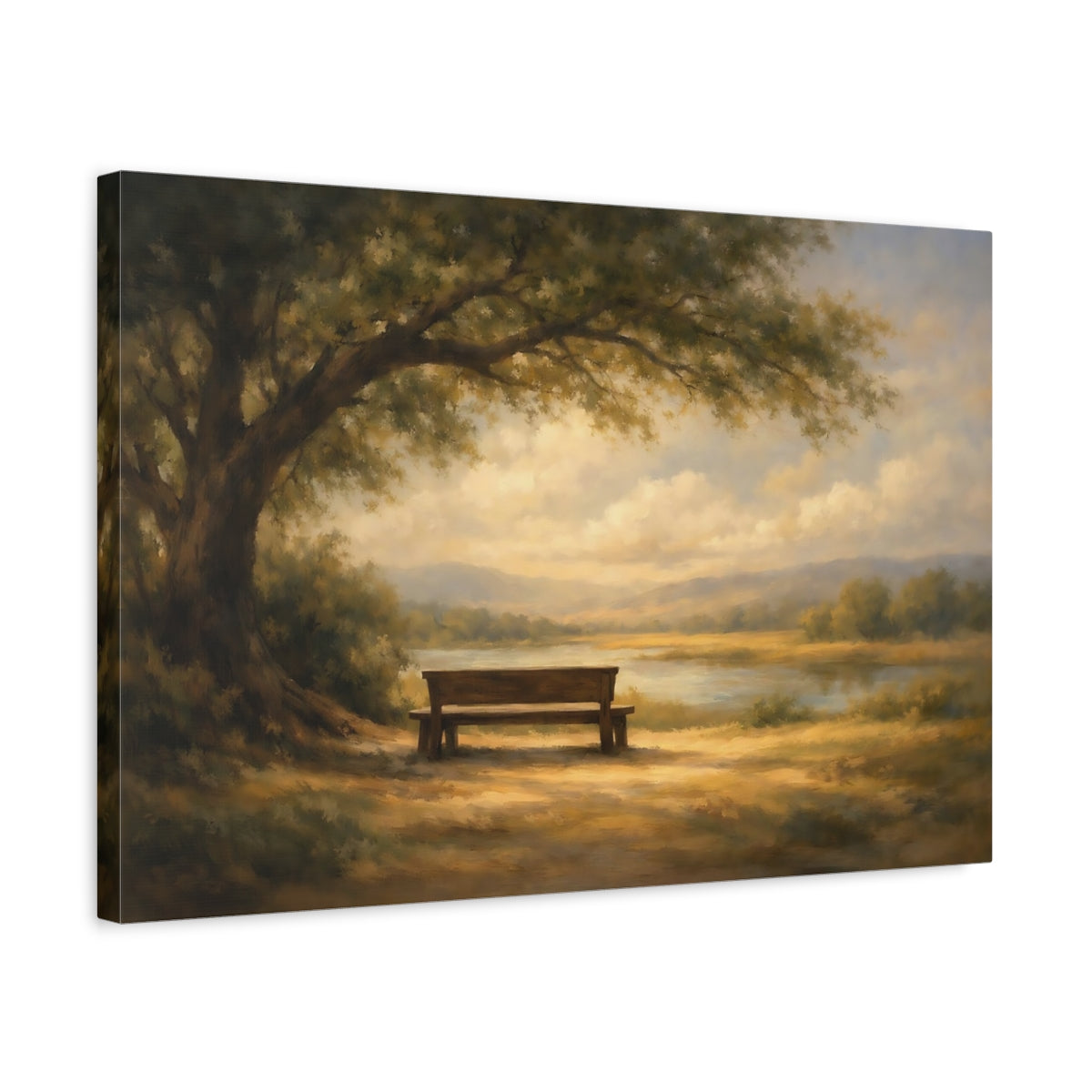 Side Mockup 3. Nature Park Bench Golden Landscape shown as stretched canvas wall art