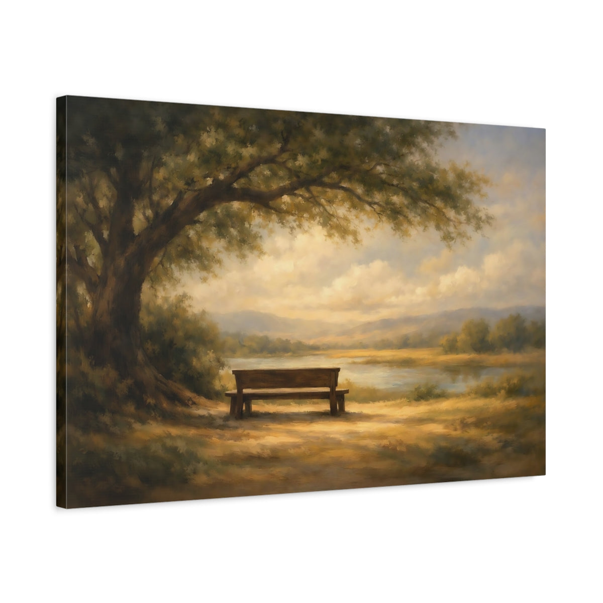 Side Mockup 2. Nature Park Bench Golden Landscape shown as stretched canvas wall art