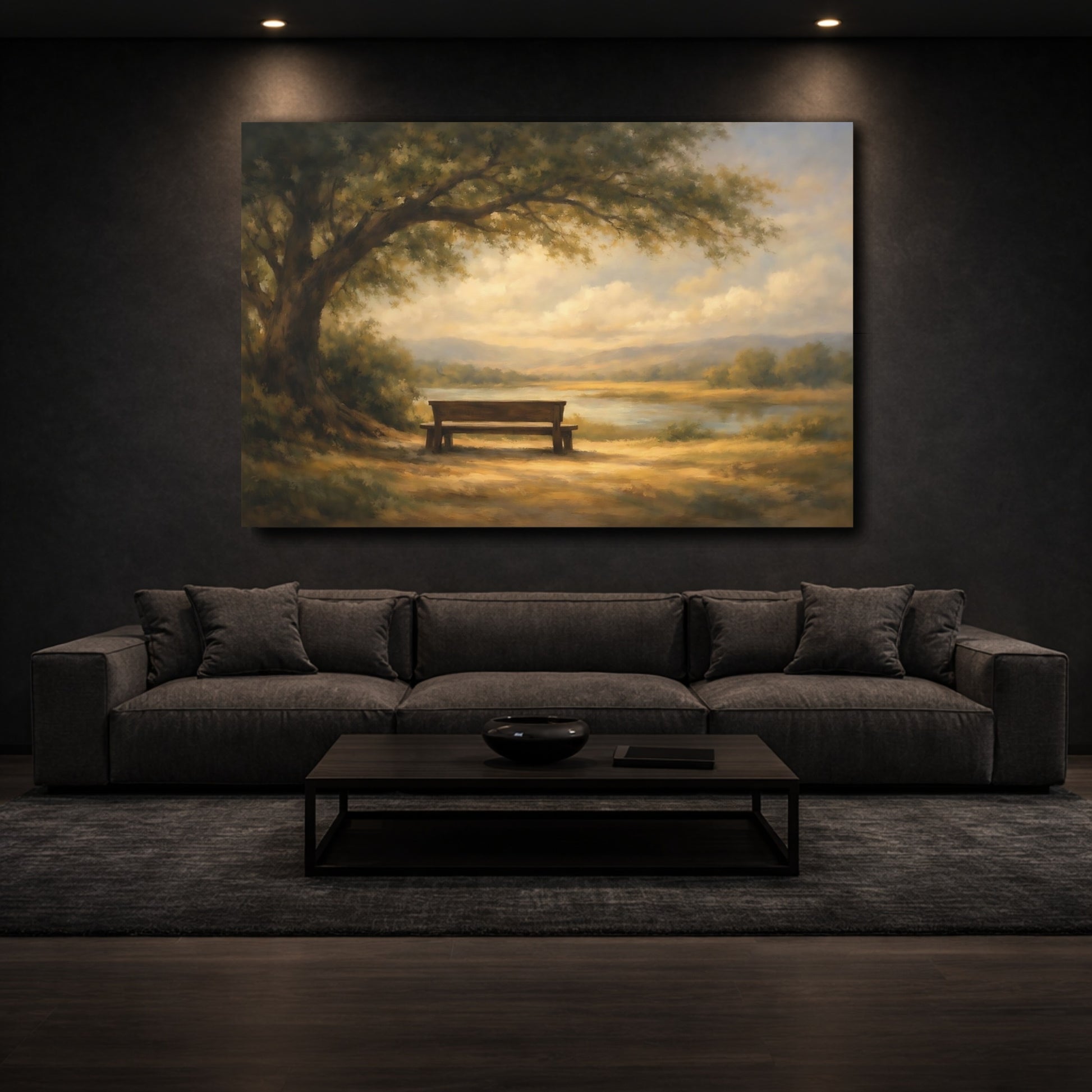 Mockup 2. Nature Park Bench Golden Landscape shown as stretched canvas wall art