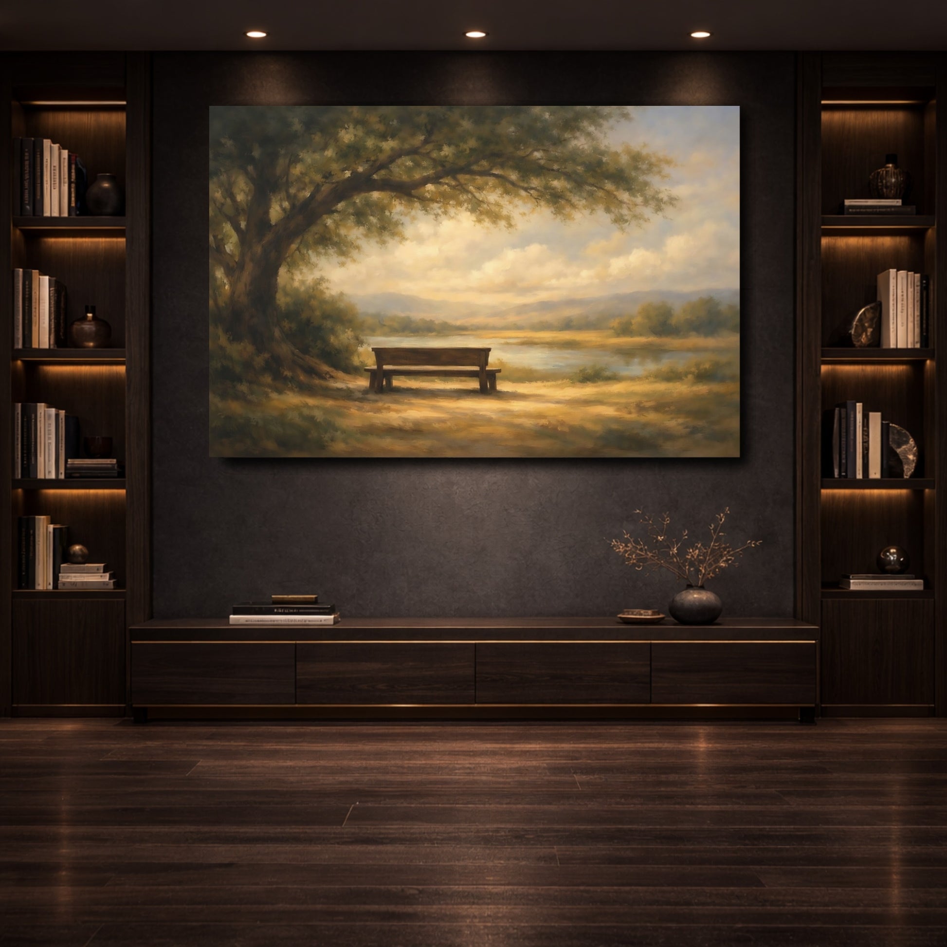 Mockup 3. Nature Park Bench Golden Landscape shown as stretched canvas wall art