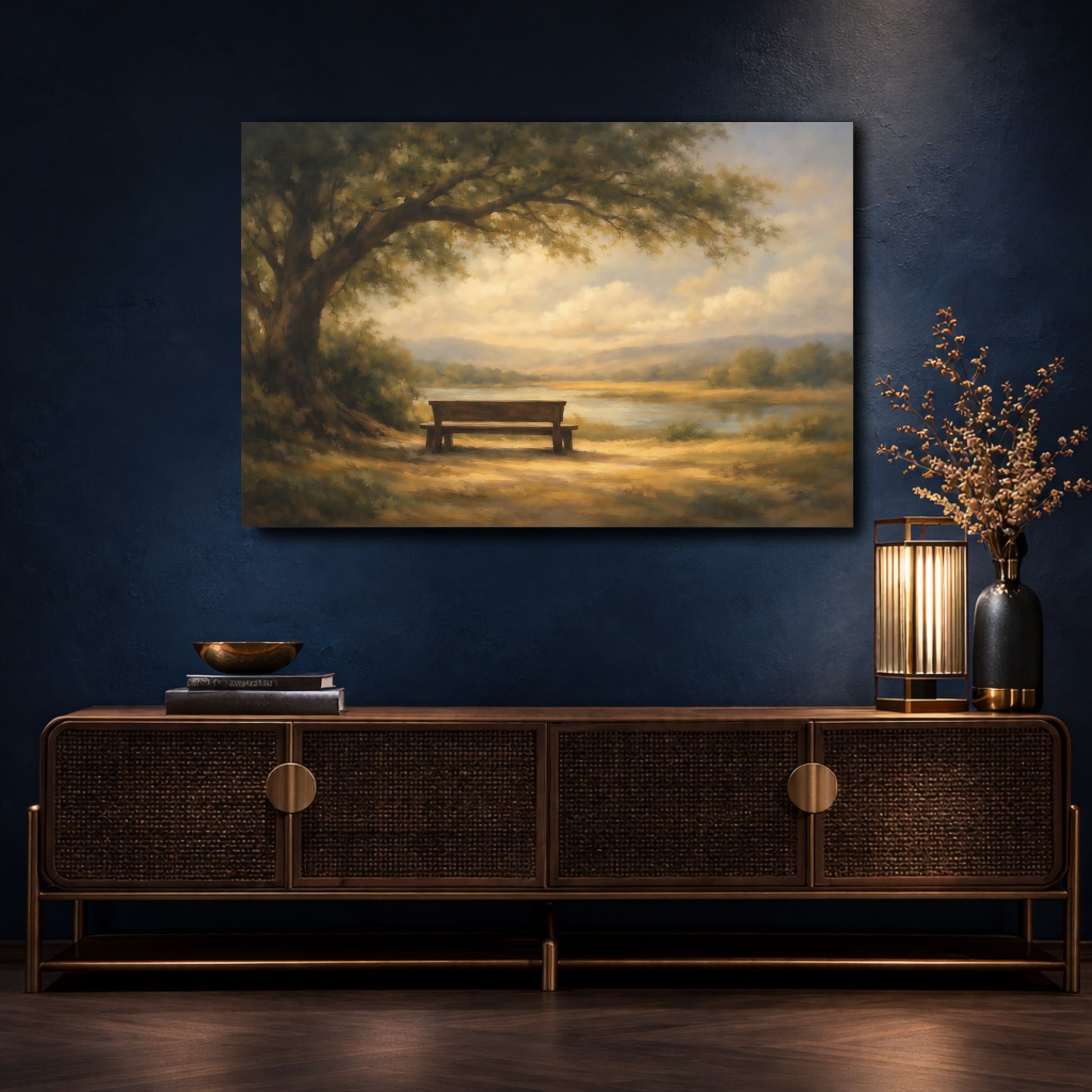 Mockup 4. Nature Park Bench Golden Landscape shown as stretched canvas wall art