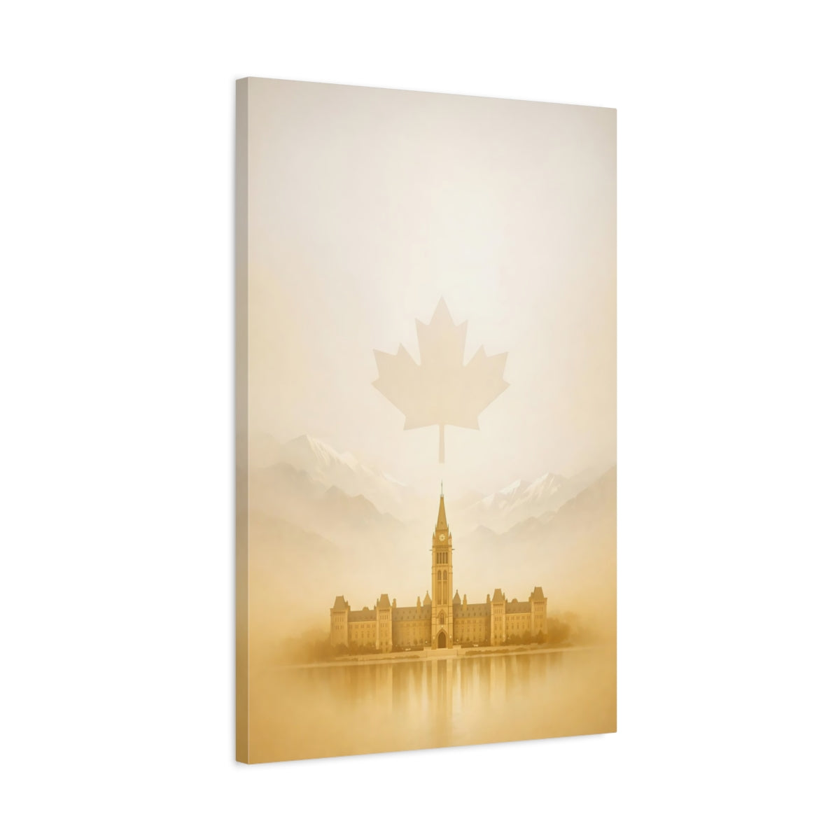 Side Mockup 2. Nature Parliament Building Sepia Landscape shown as stretched canvas wall art