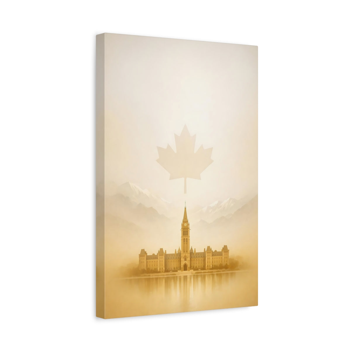 Side Mockup 4. Nature Parliament Building Sepia Landscape shown as stretched canvas wall art
