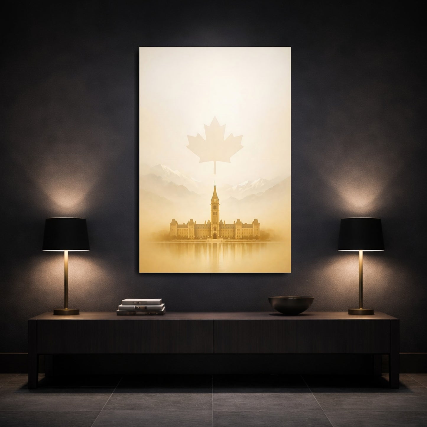 Mockup 2. Nature Parliament Building Sepia Landscape shown as stretched canvas wall art