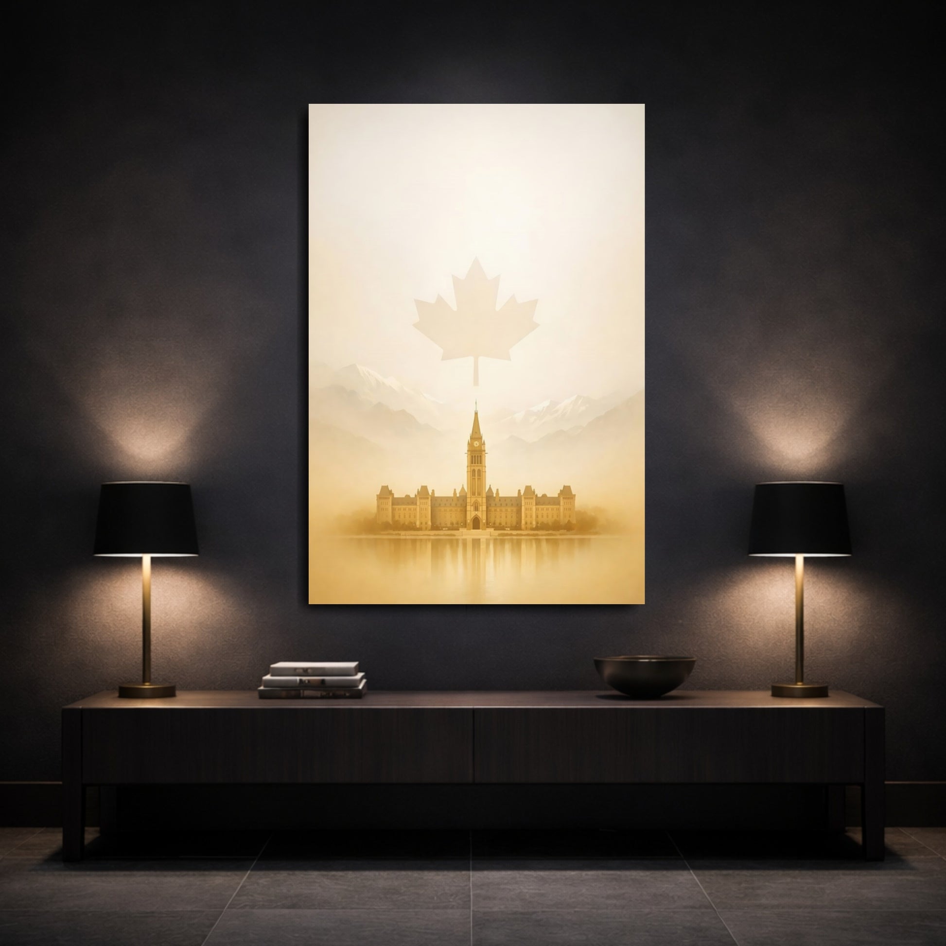 Mockup 2. Nature Parliament Building Sepia Landscape shown as stretched canvas wall art