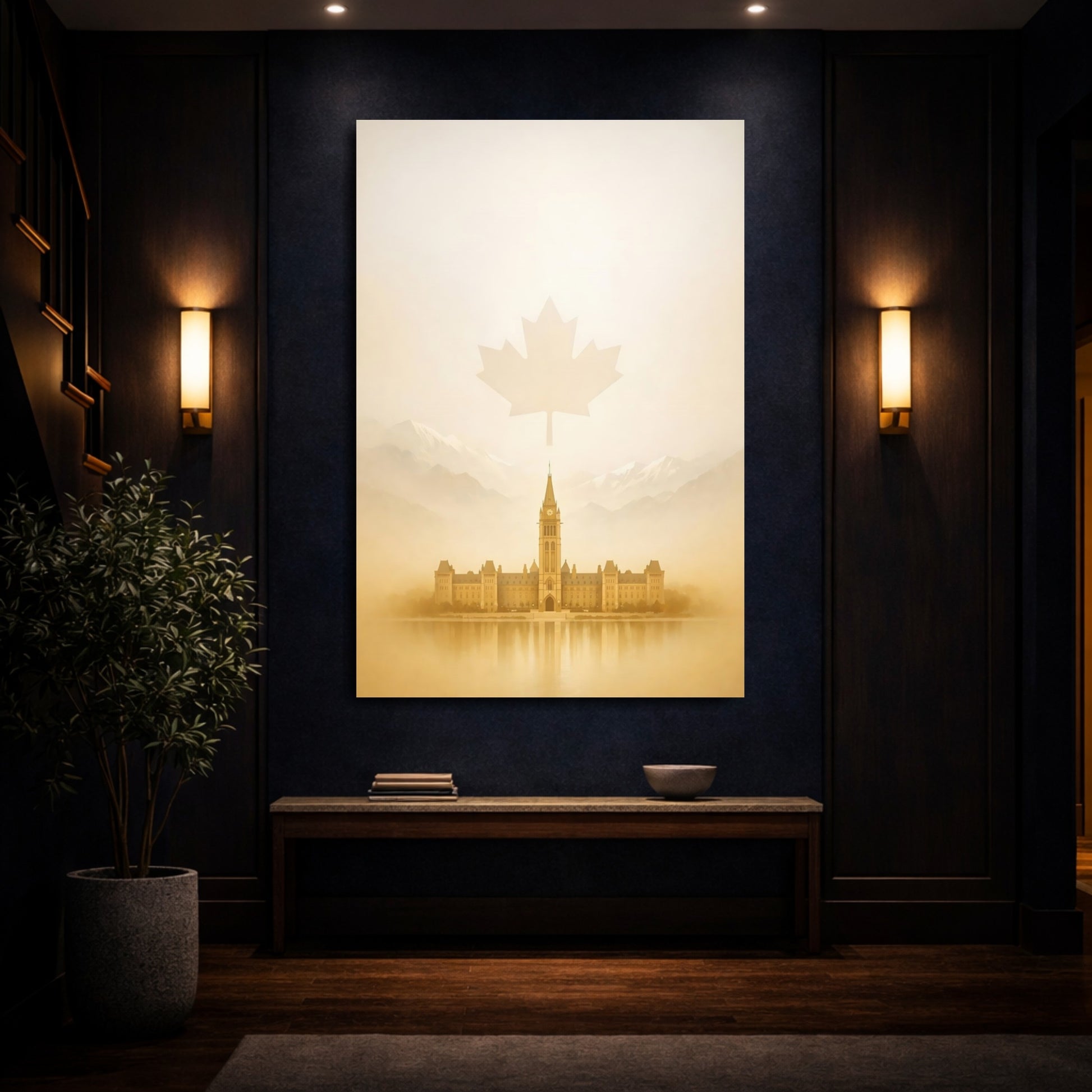Mockup 3. Nature Parliament Building Sepia Landscape shown as stretched canvas wall art