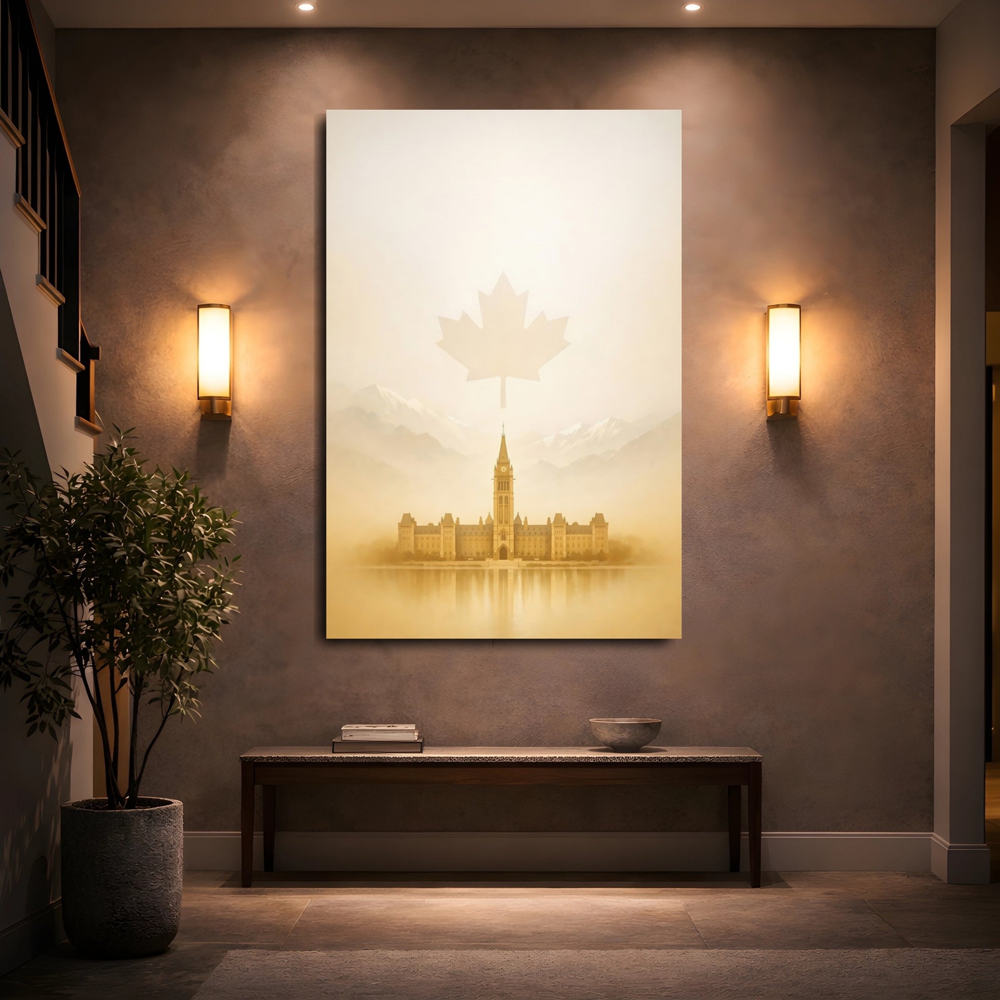 Mockup 4. Nature Parliament Building Sepia Landscape shown as stretched canvas wall art
