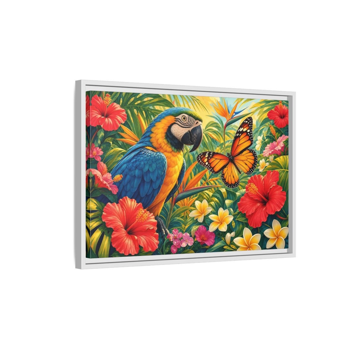 Nature Parrot Butterfly Tropical Framed Canvas Print – Vibrant Decor for Living Room, Above Couch - YesArtYes