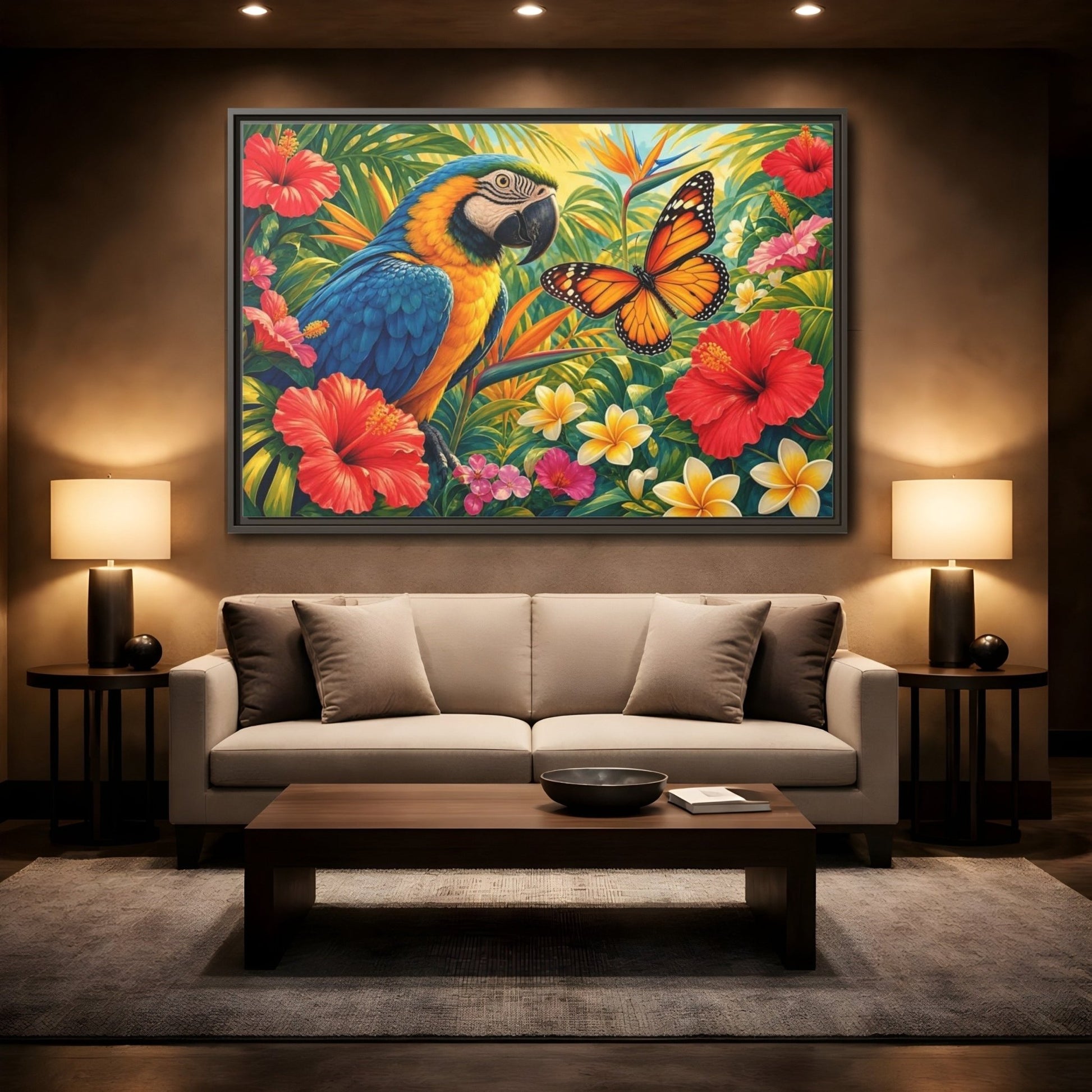 Nature Parrot Butterfly Tropical Framed Canvas Print – Vibrant Decor for Living Room, Above Couch - YesArtYes