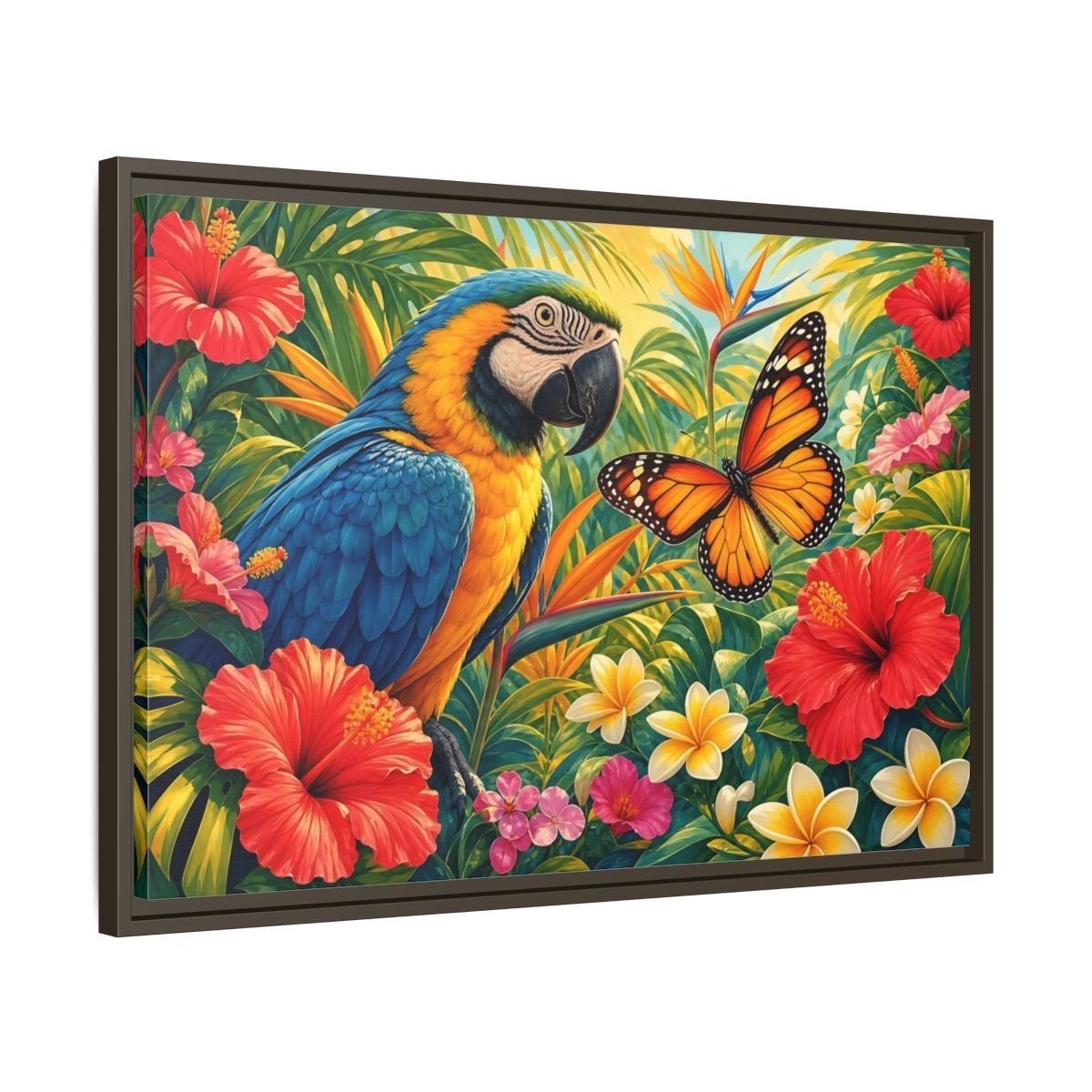 Nature Parrot Butterfly Tropical Framed Canvas Print – Vibrant Decor for Living Room, Above Couch - YesArtYes