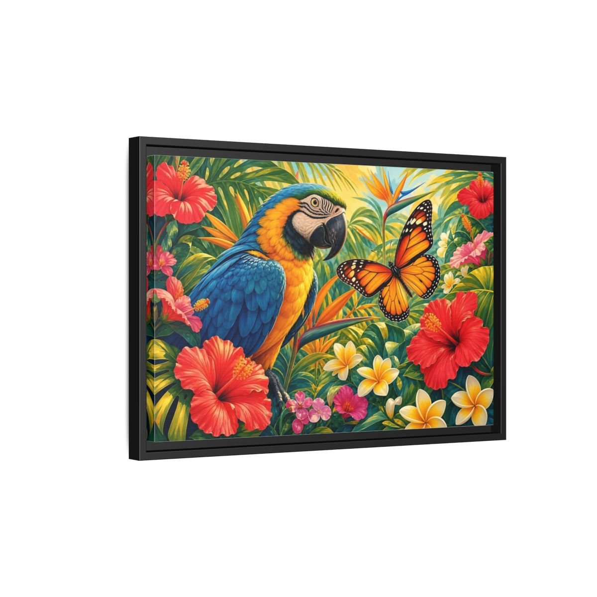 Nature Parrot Butterfly Tropical Framed Canvas Print – Vibrant Decor for Living Room, Above Couch - YesArtYes