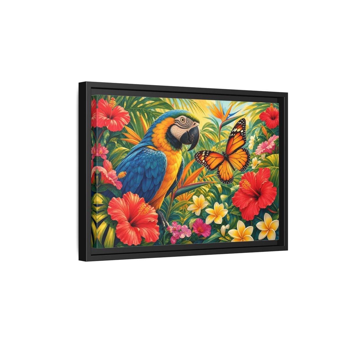 Nature Parrot Butterfly Tropical Framed Canvas Print – Vibrant Decor for Living Room, Above Couch - YesArtYes