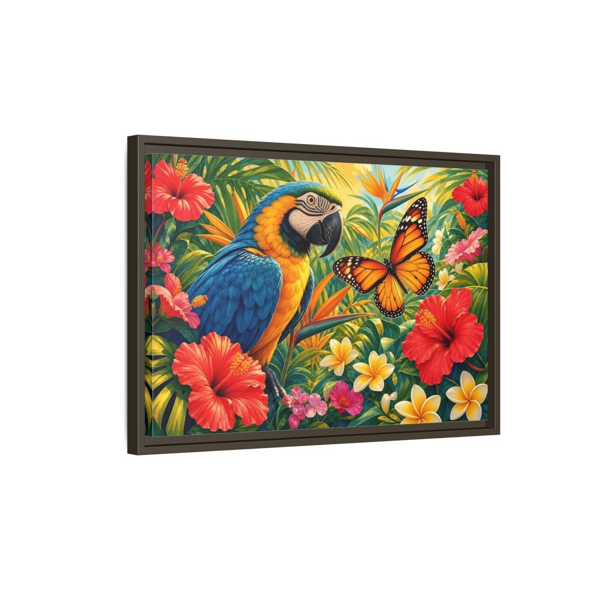 Nature Parrot Butterfly Tropical Framed Canvas Print – Vibrant Decor for Living Room, Above Couch - YesArtYes