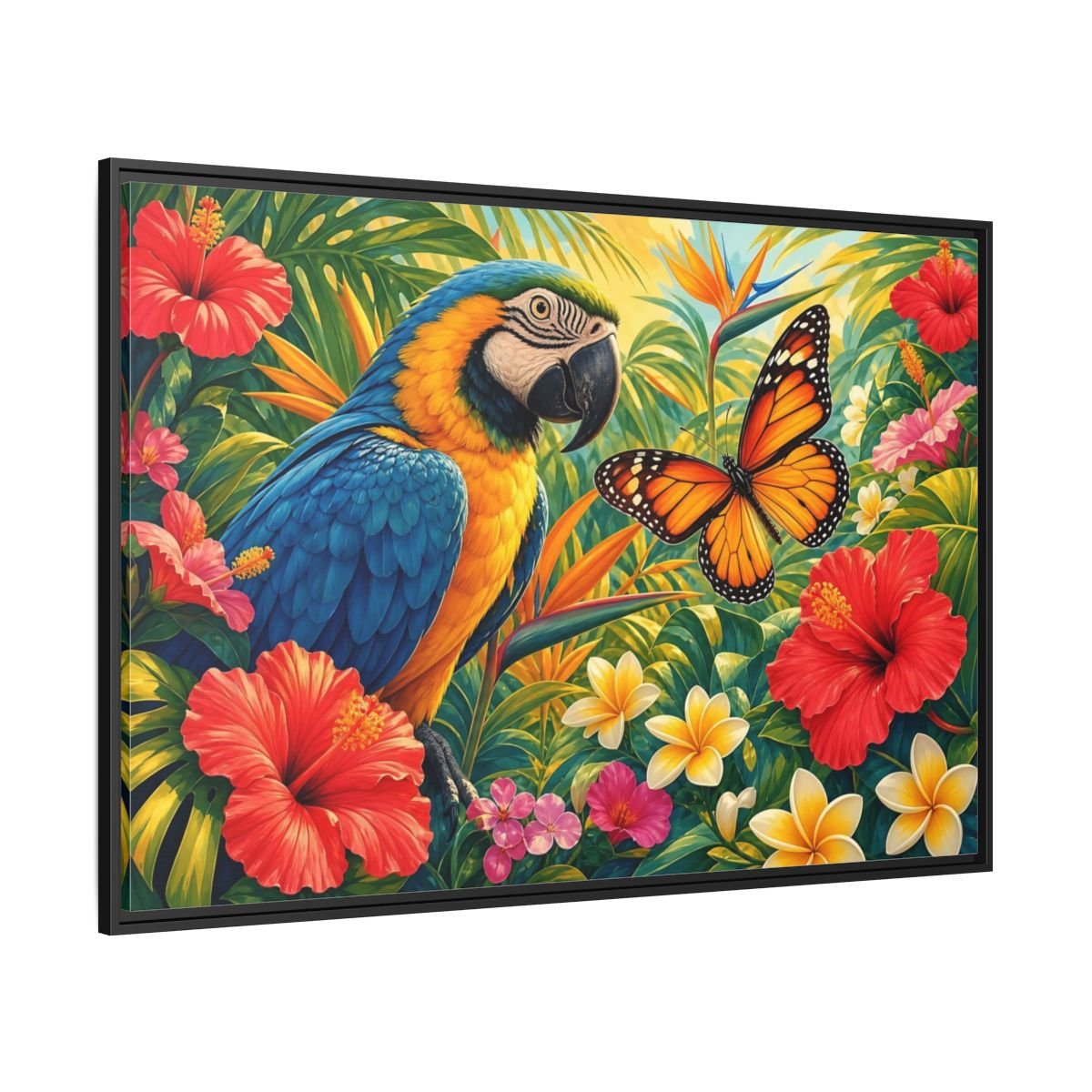 Nature Parrot Butterfly Tropical Framed Canvas Print – Vibrant Decor for Living Room, Above Couch - YesArtYes