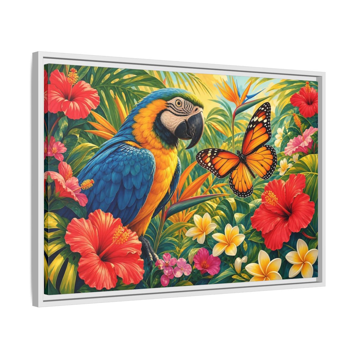Side Mockup 10. Nature Parrot, Butterfly Tropical Parrot shown as stretched canvas wall art