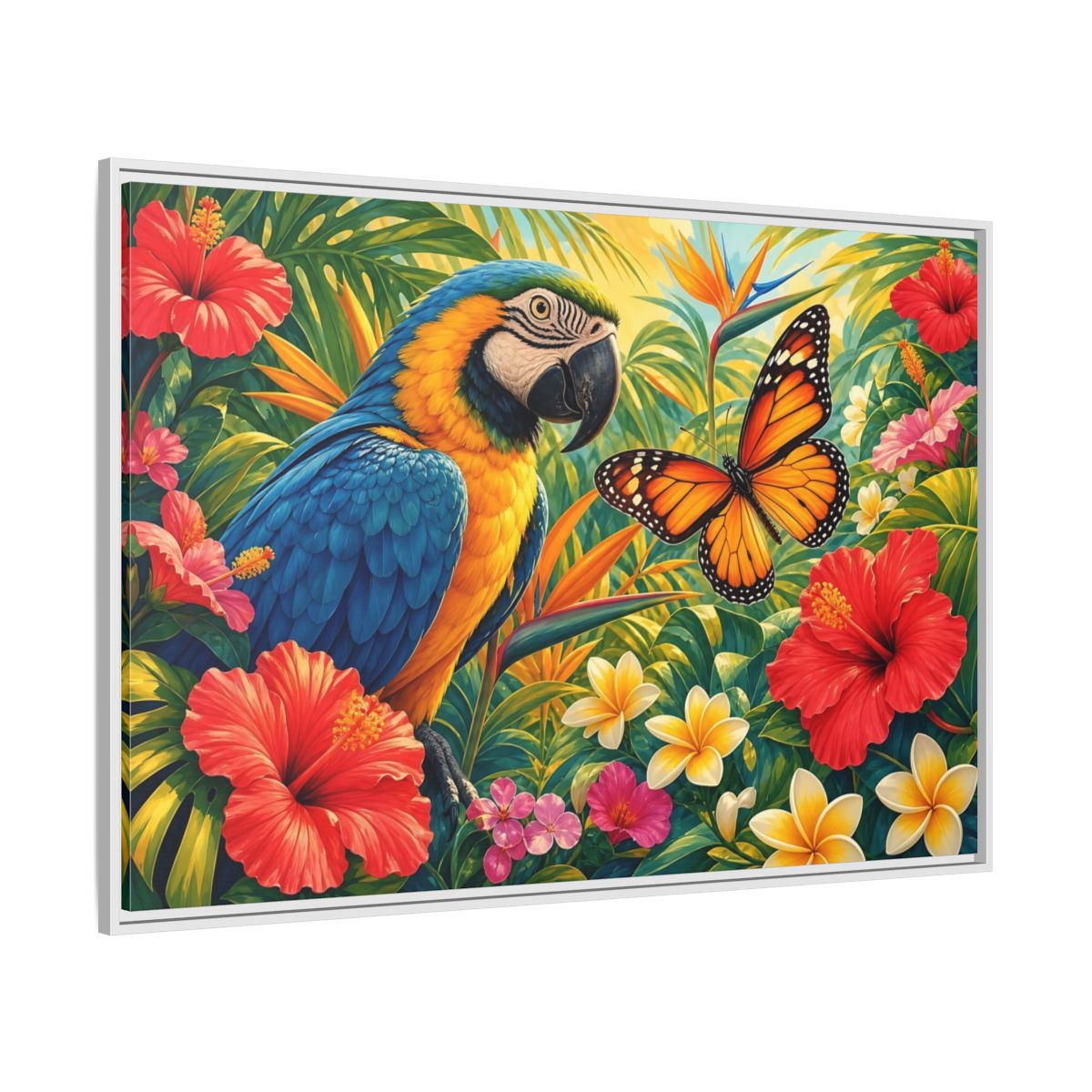 Side Mockup 7. Nature Parrot, Butterfly Tropical Parrot shown as stretched canvas wall art