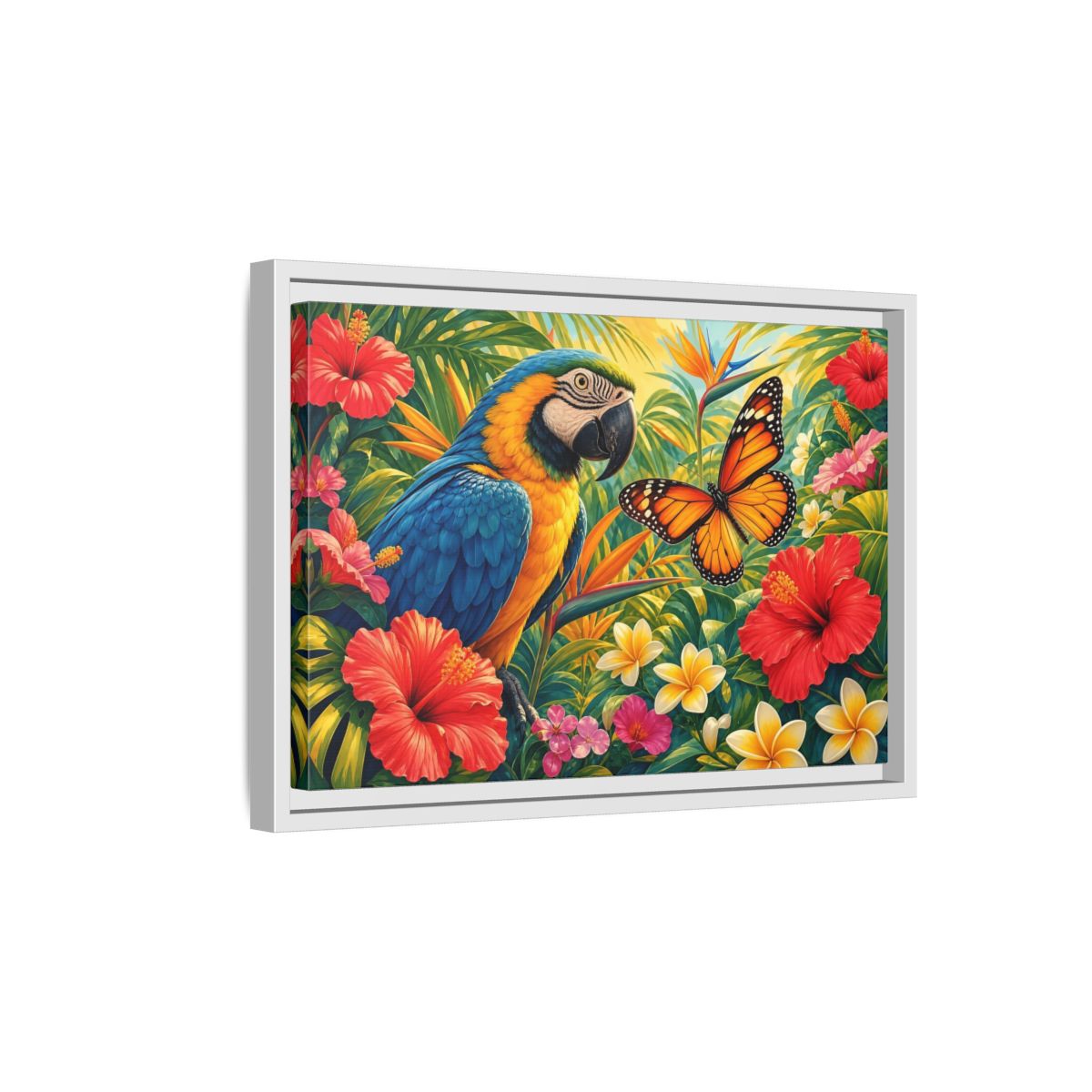 Side Mockup 4. Nature Parrot, Butterfly Tropical Parrot shown as stretched canvas wall art