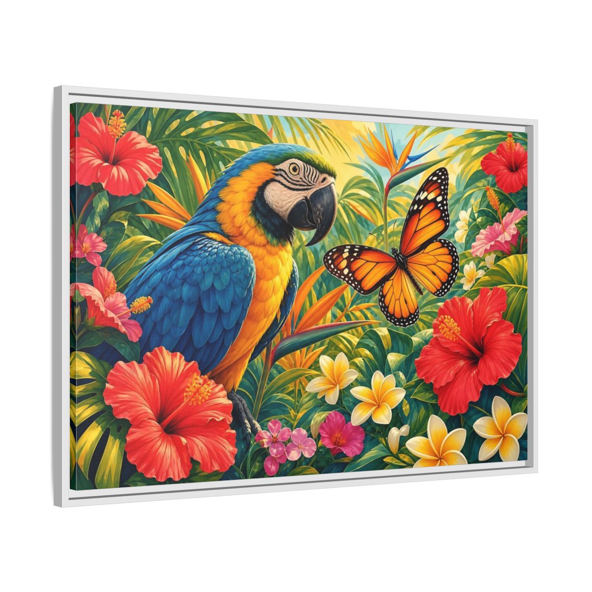 Side Mockup 9. Nature Parrot, Butterfly Tropical Parrot shown as stretched canvas wall art
