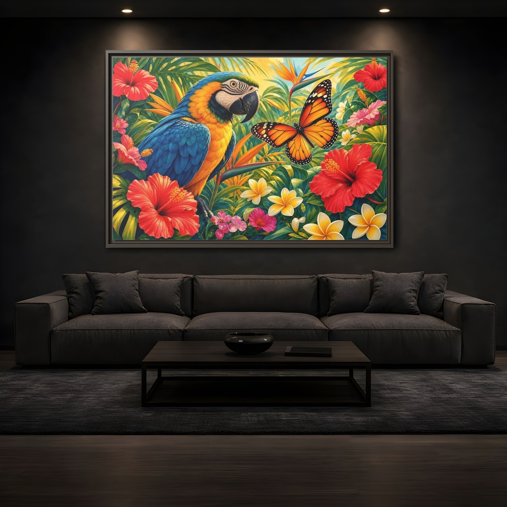 Mockup 3. Nature Parrot, Butterfly Tropical Parrot shown as stretched canvas wall art