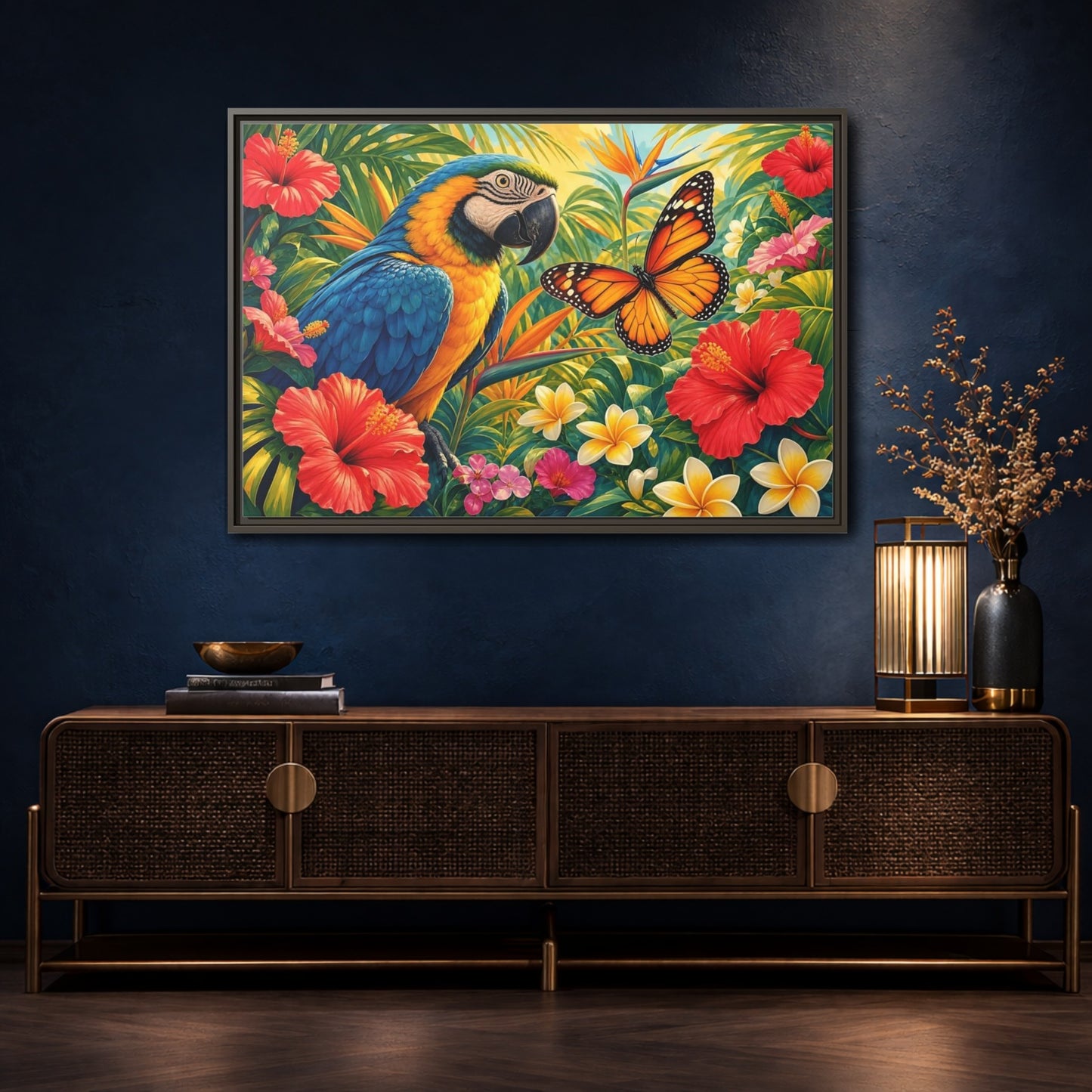 Mockup 4. Nature Parrot, Butterfly Tropical Parrot shown as stretched canvas wall art