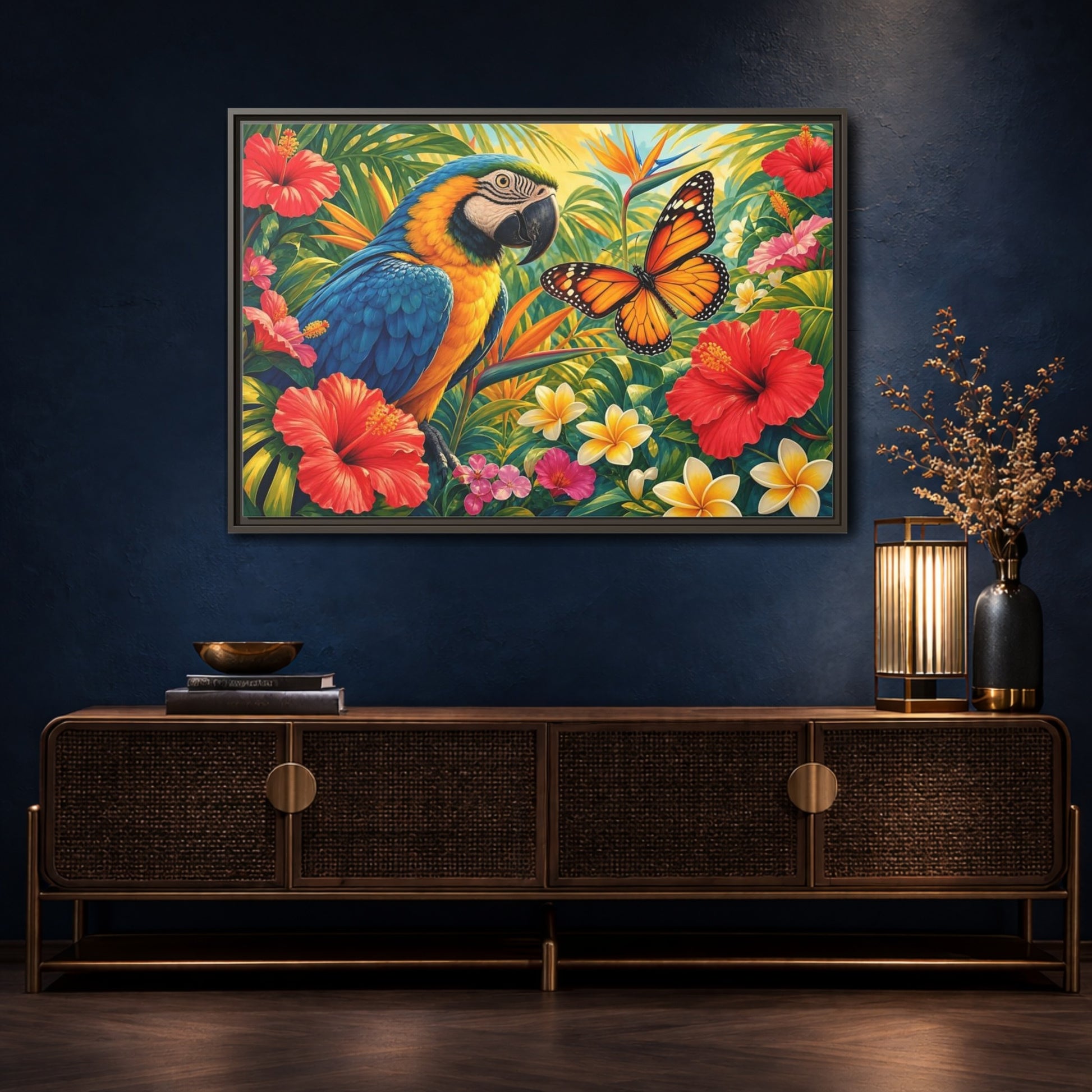 Mockup 4. Nature Parrot, Butterfly Tropical Parrot shown as stretched canvas wall art
