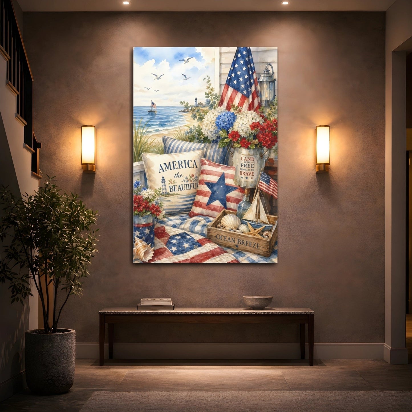 Nature Patriotic Beach Red White Blue Canvas Print – Watercolor Living Room, Above Couch - YesArtYes