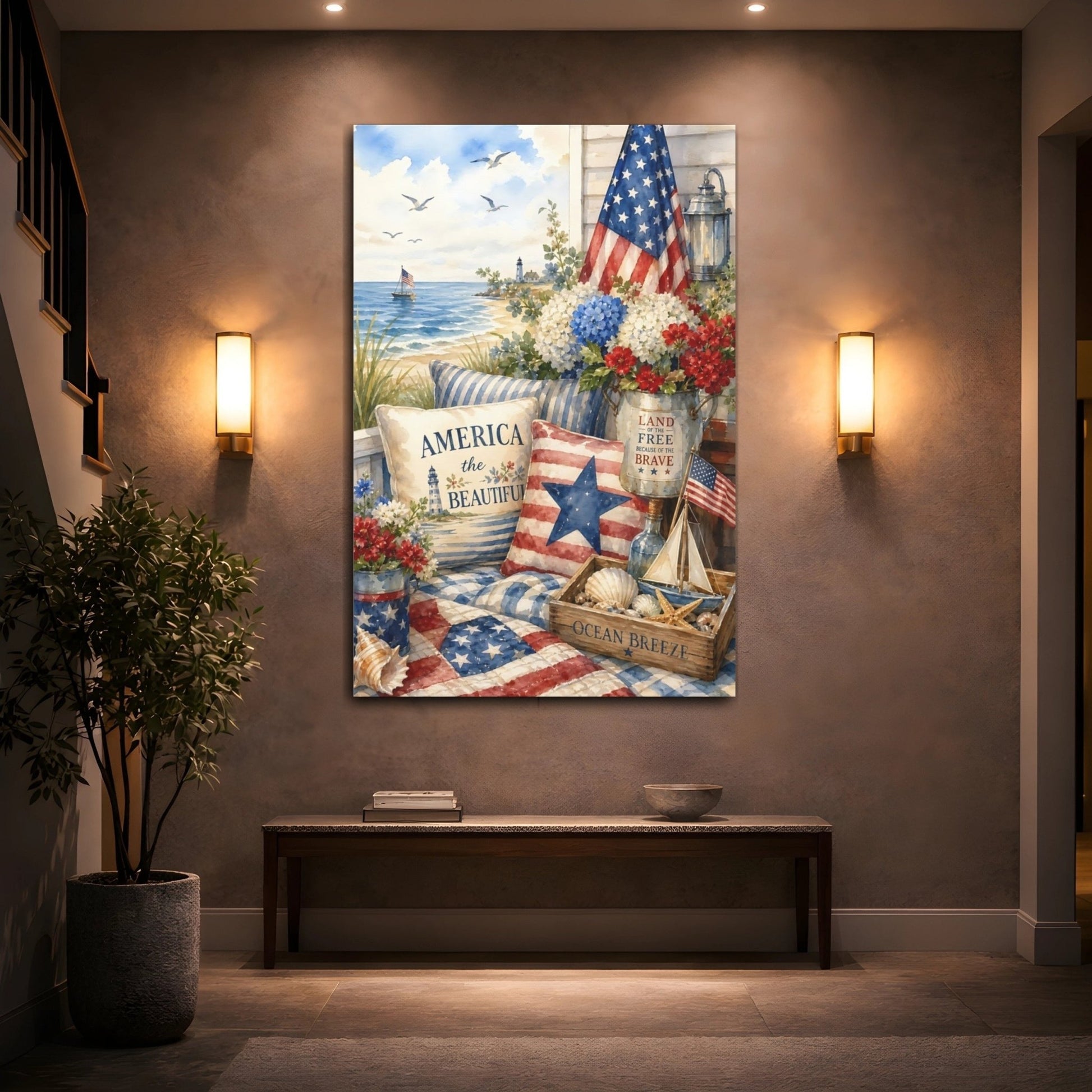 Nature Patriotic Beach Red White Blue Canvas Print – Watercolor Living Room, Above Couch - YesArtYes