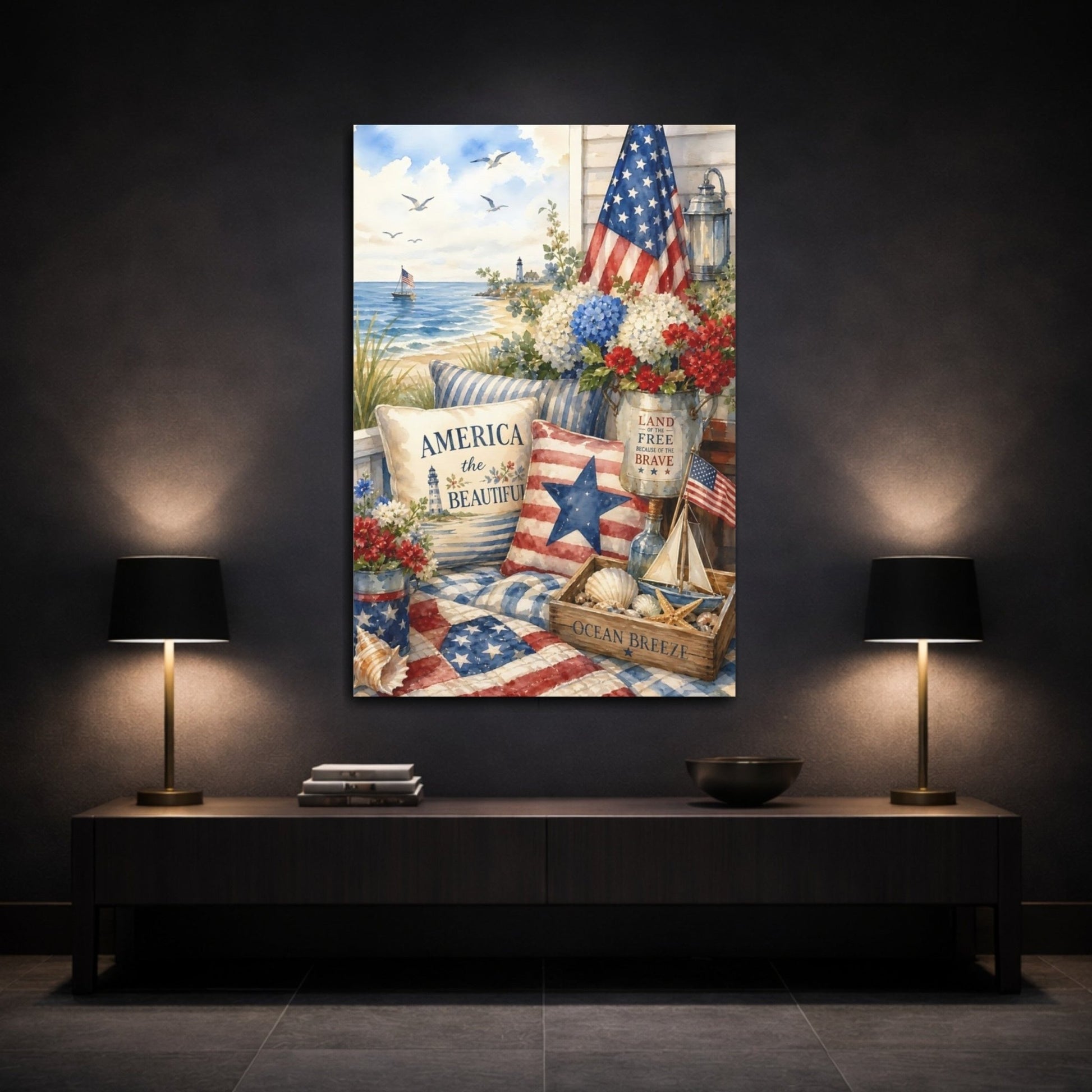 Nature Patriotic Beach Red White Blue Canvas Print – Watercolor Living Room, Above Couch - YesArtYes