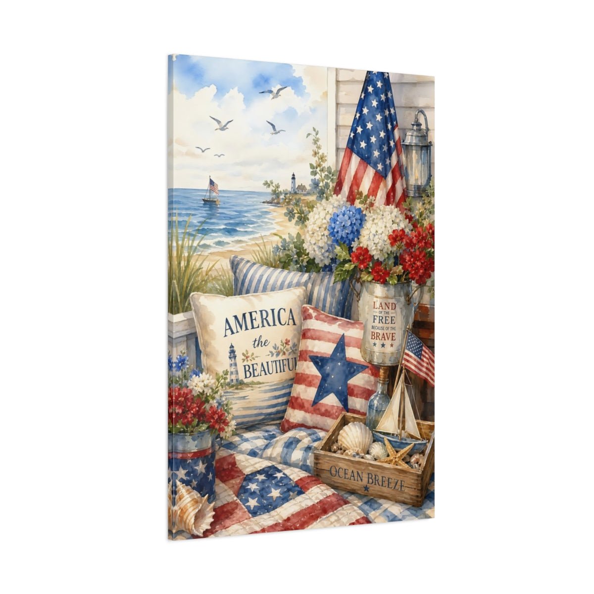 Nature Patriotic Beach Red White Blue Canvas Print – Watercolor Living Room, Above Couch - YesArtYes