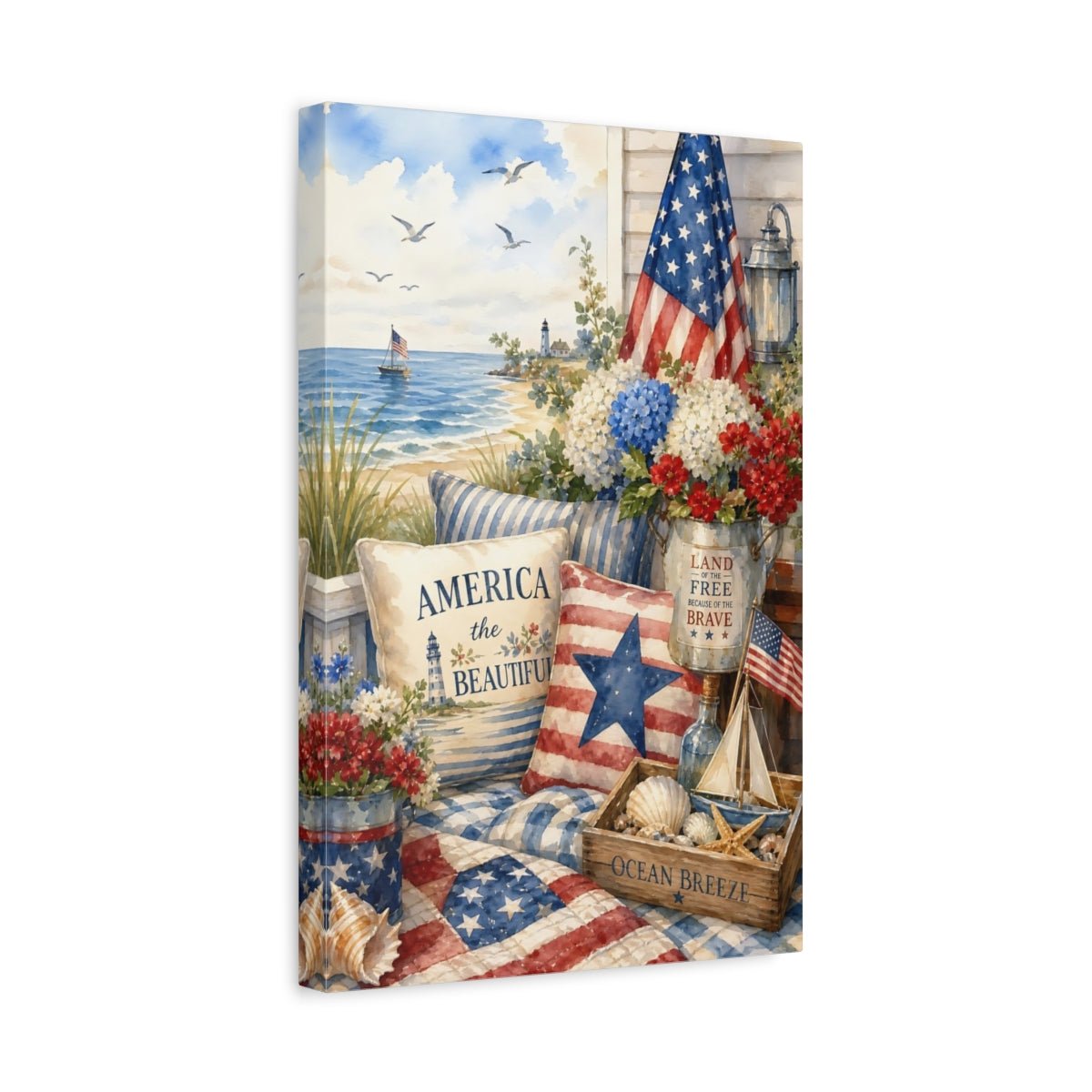 Nature Patriotic Beach Red White Blue Canvas Print – Watercolor Living Room, Above Couch - YesArtYes
