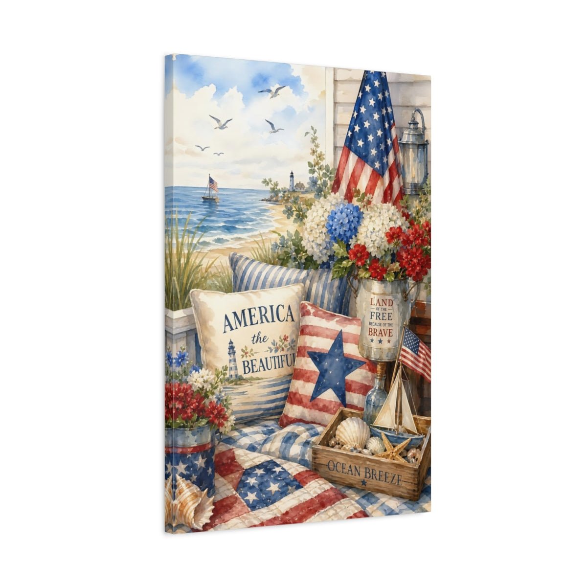 Nature Patriotic Beach Red White Blue Canvas Print – Watercolor Living Room, Above Couch - YesArtYes