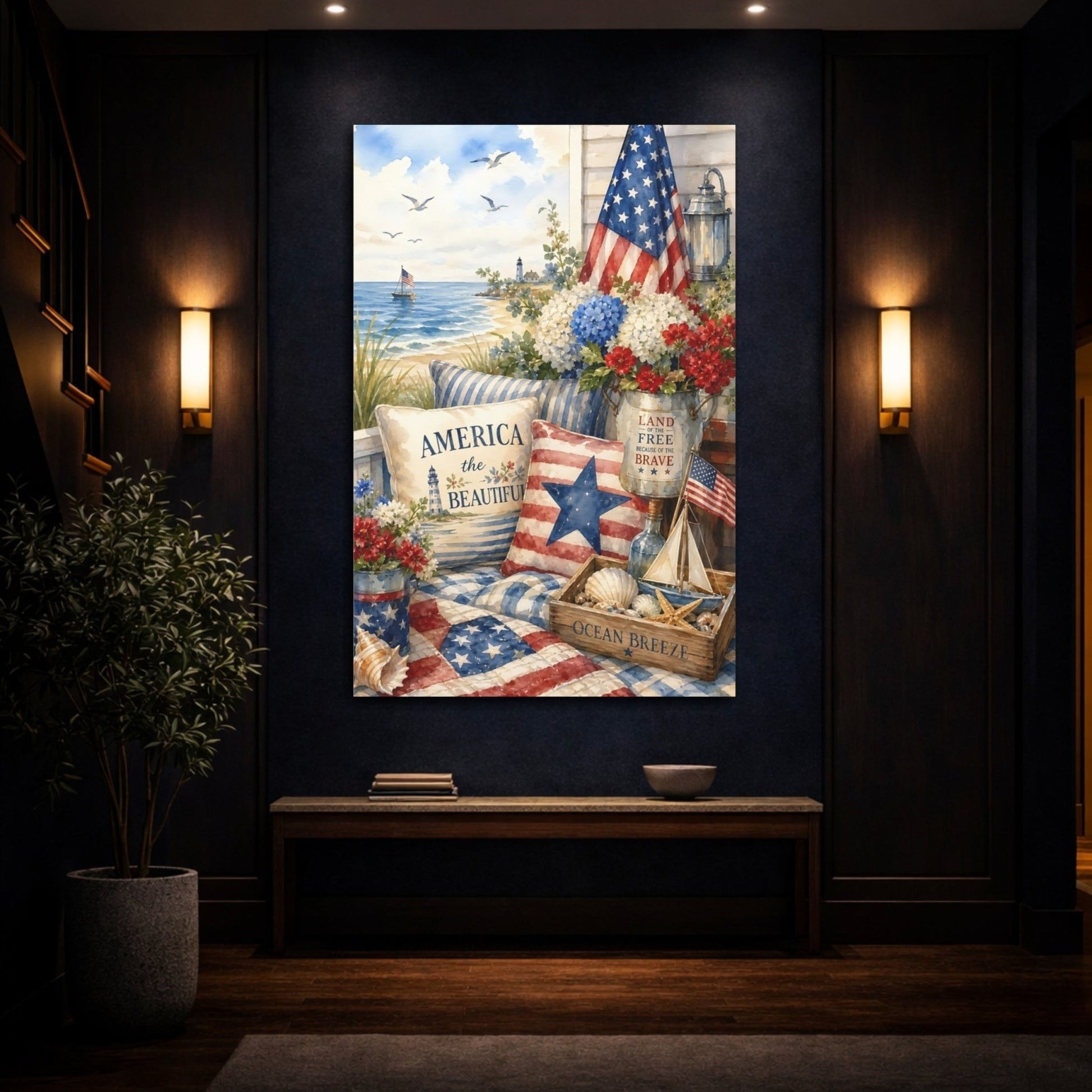 Nature Patriotic Beach Red White Blue Canvas Print – Watercolor Living Room, Above Couch - YesArtYes