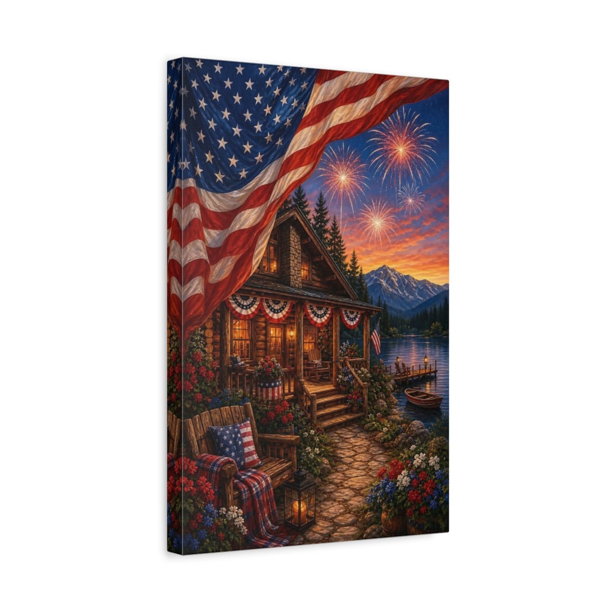 Nature Patriotic Cabin Landscape Canvas Print – Rustic Decor for Living Room, Above Couch - YesArtYes